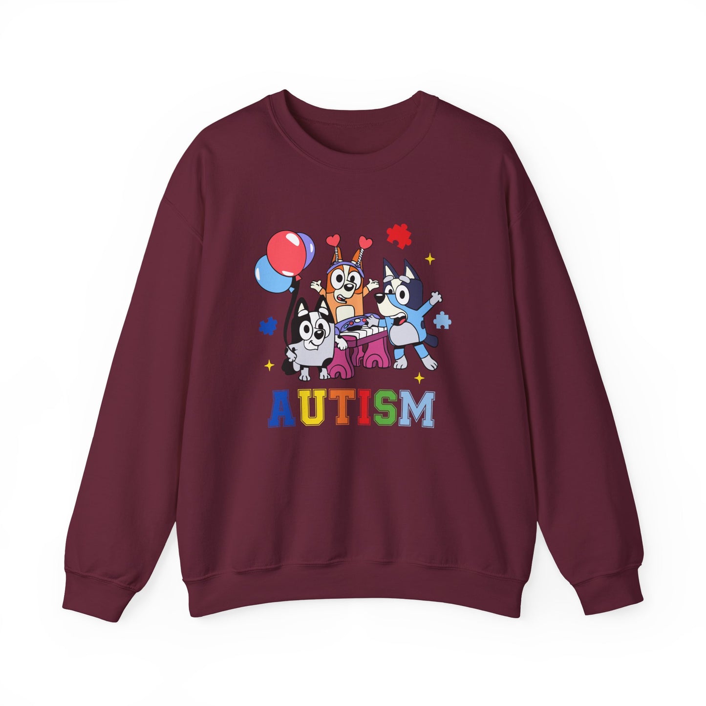 Autism Support Crewneck Sweatshirt — Colorful Bluey-Style Characters & 'AUTISM' Design