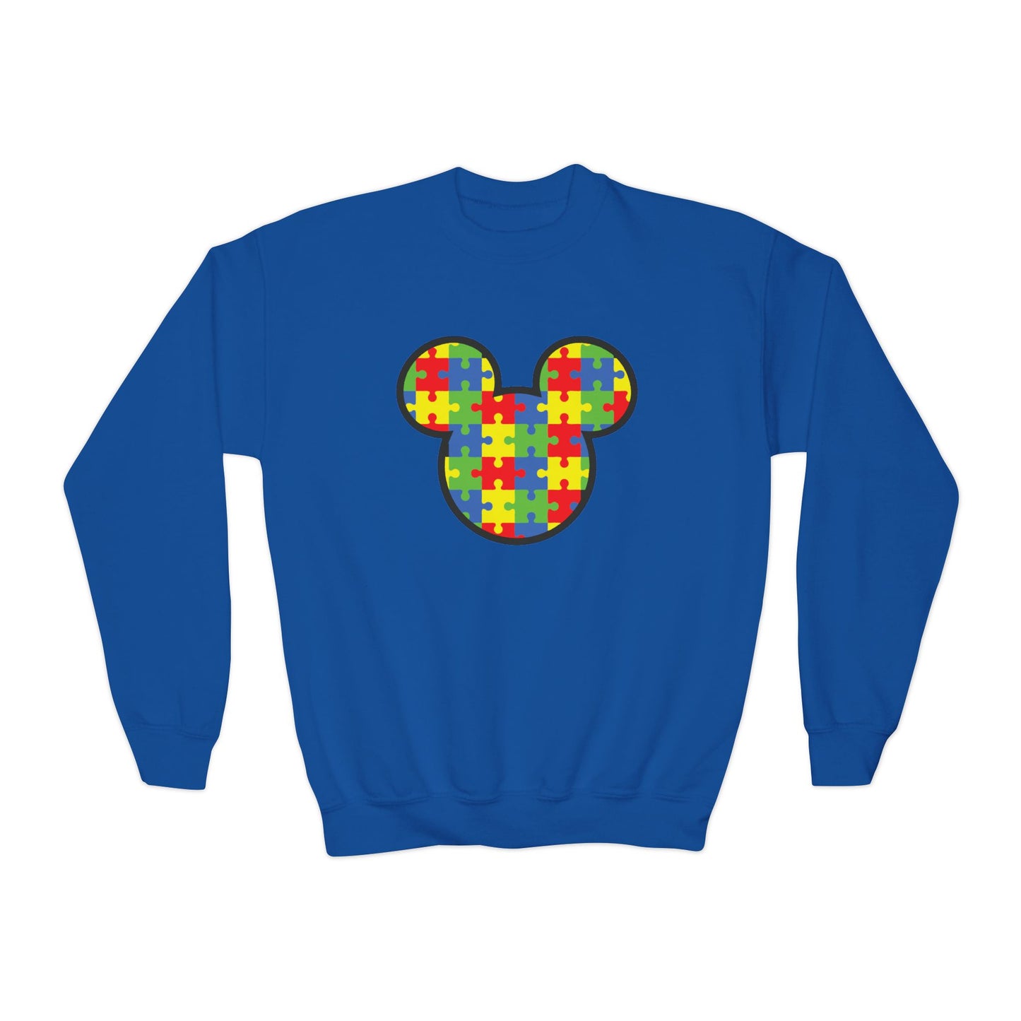 Puzzle Mickey Youth Crewneck Sweatshirt - Colorful Autism Awareness Design