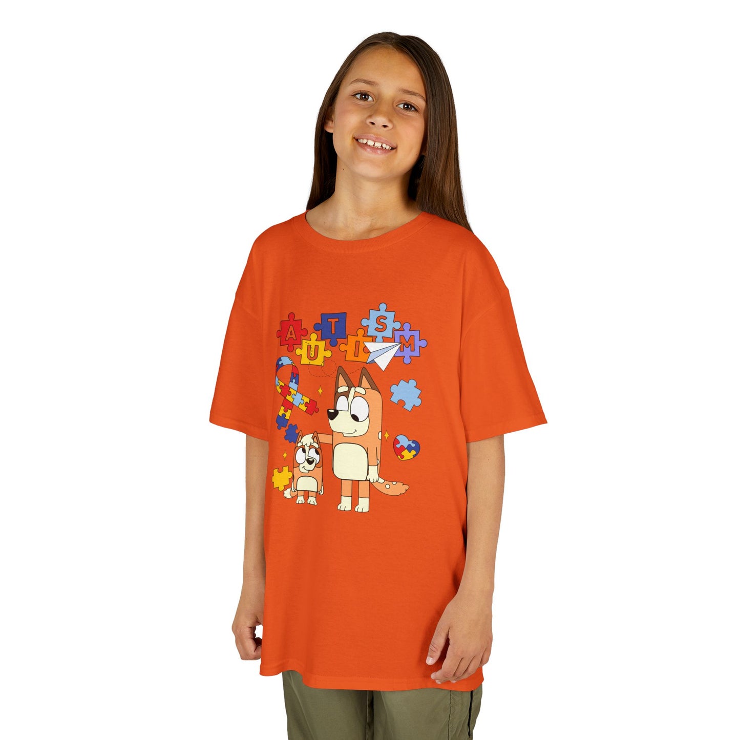 Kids Autism Awareness T-Shirt — Colorful Puzzle Heart & Cartoon Dog Design