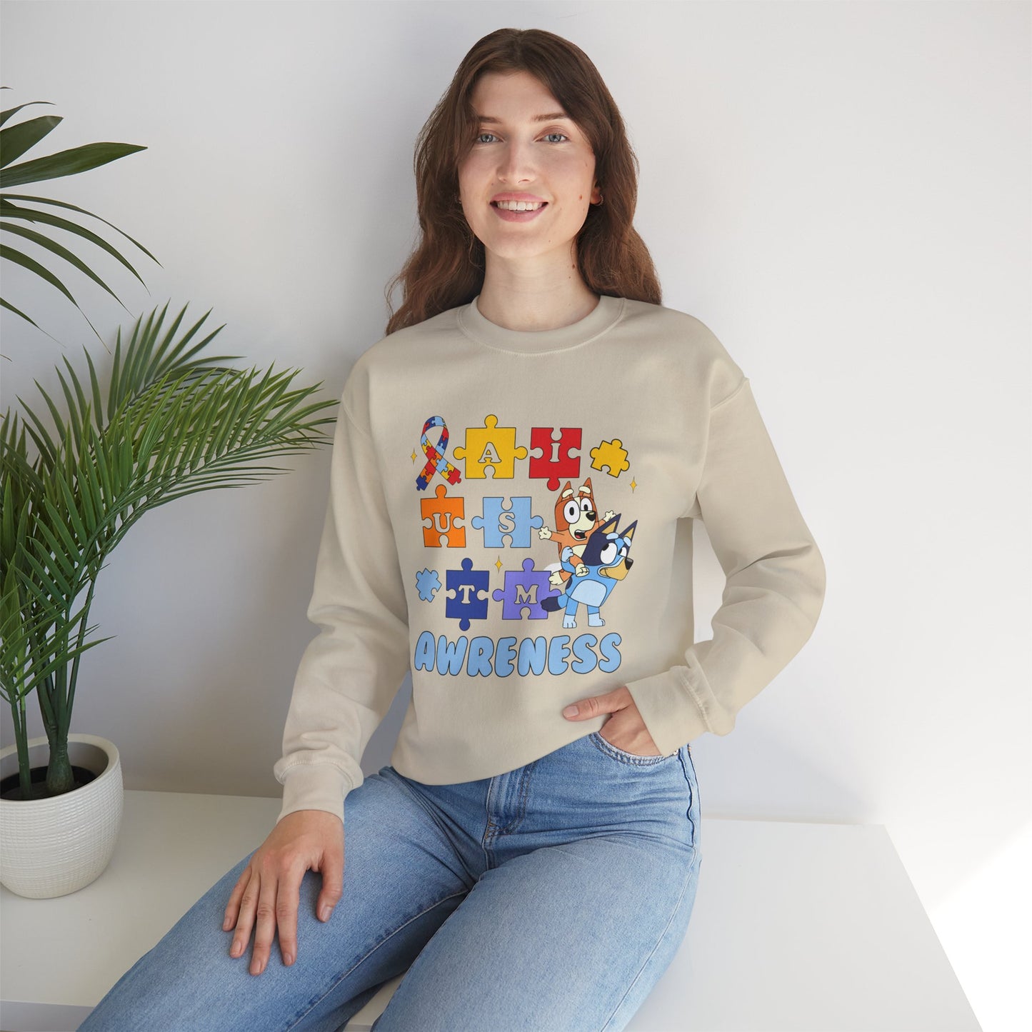 Autism Awareness Crewneck Sweatshirt — Puzzle Ribbon Support Design