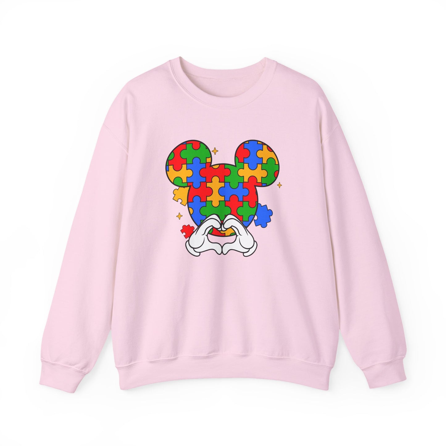 Autism Puzzle Mouse Crewneck Sweatshirt – Colorful Heart Hands Design