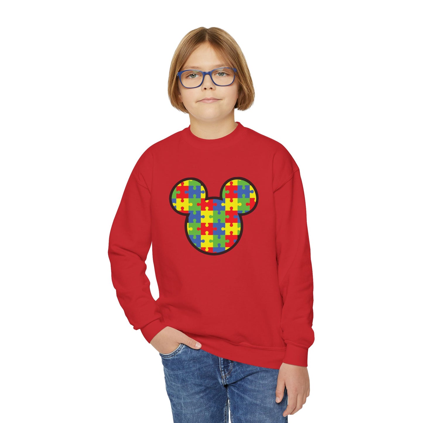 Puzzle Mickey Youth Crewneck Sweatshirt - Colorful Autism Awareness Design