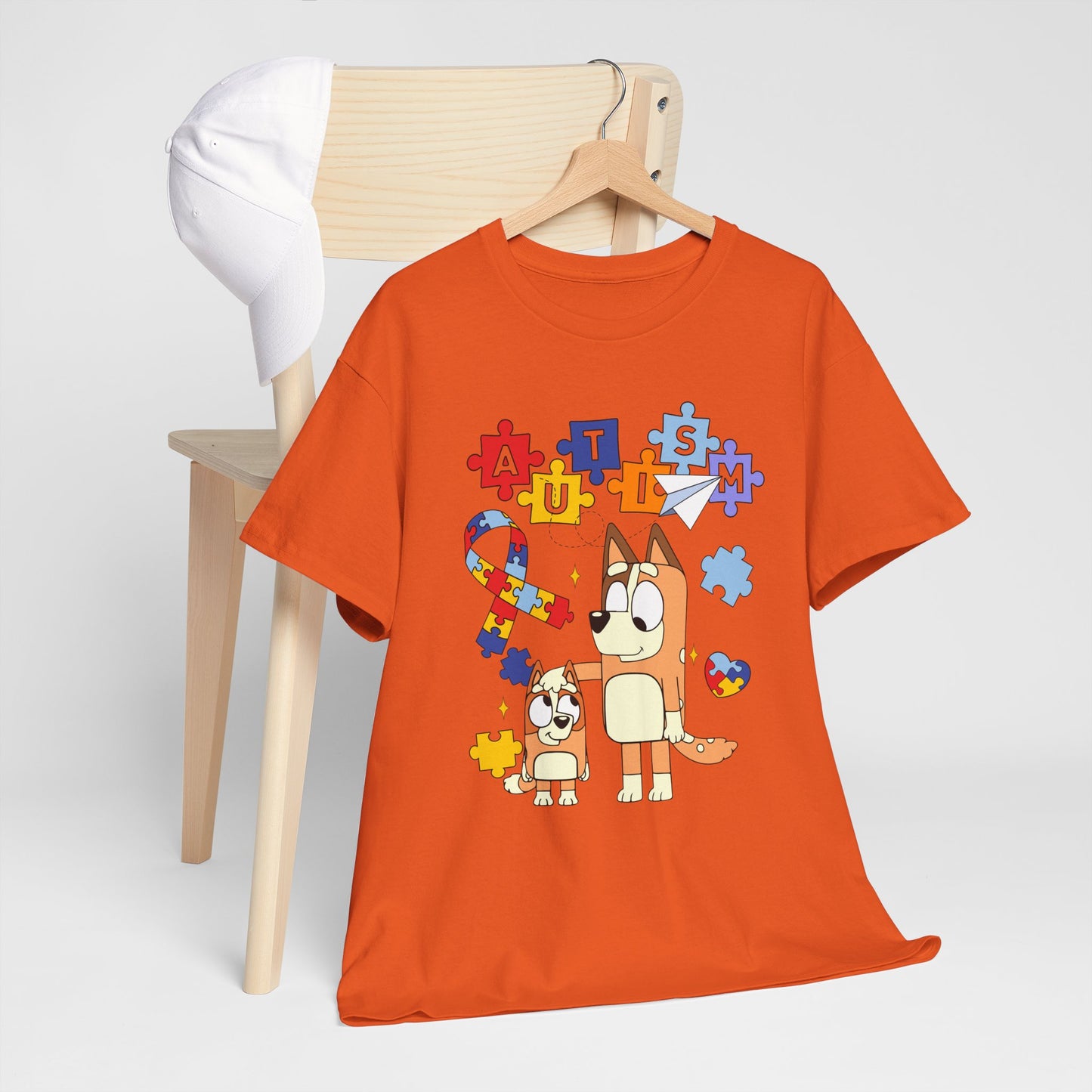 Autism Awareness Puzzle Ribbon Tee — Cute Red Dog Family Design
