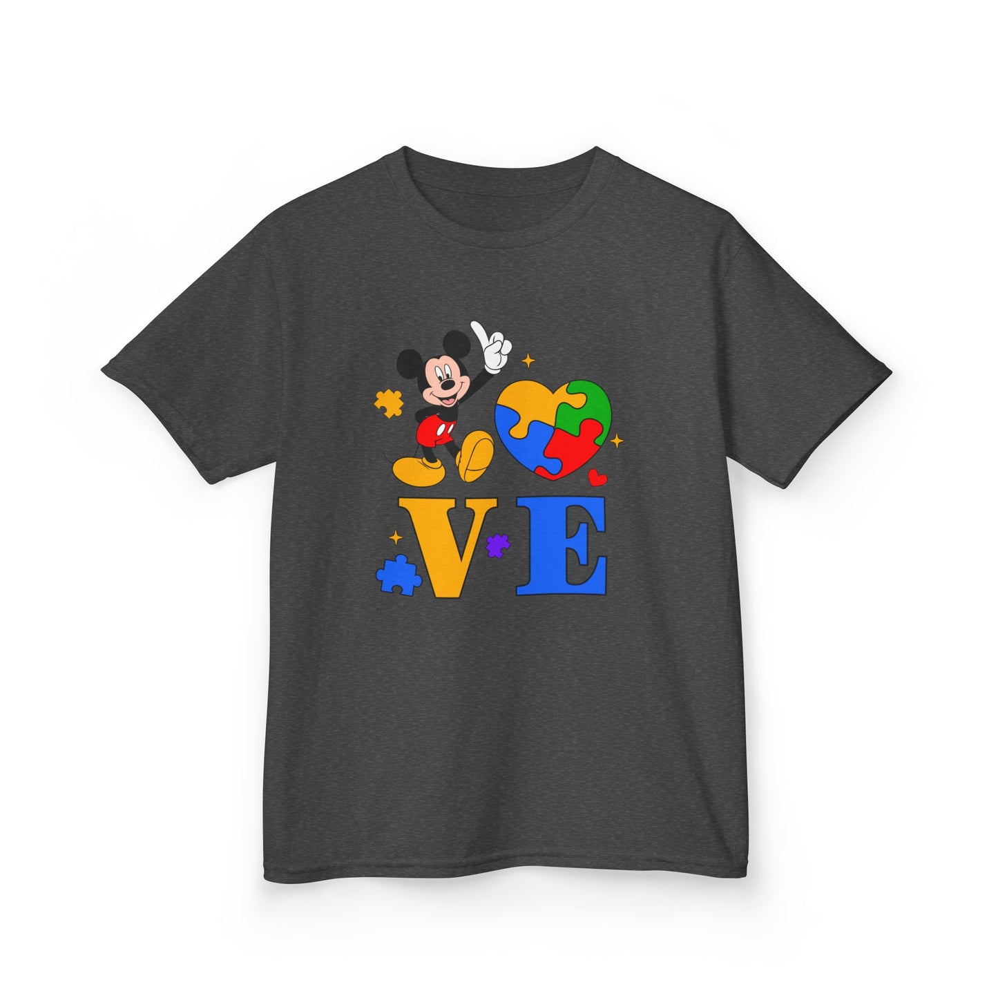 Kids Autism Awareness LOVE T‑Shirt — Puzzle Heart & Cartoon Character Design