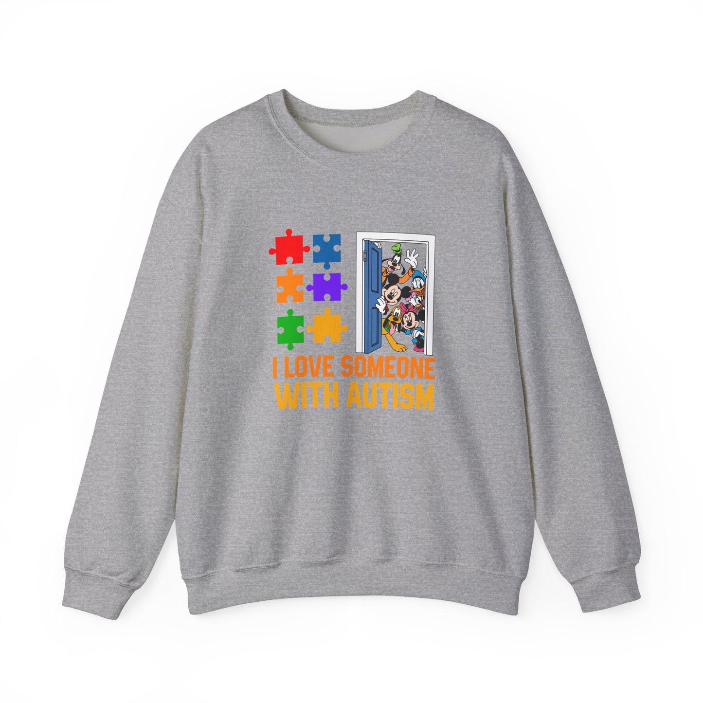 Autism Awareness Crewneck Sweatshirt — "I Love Someone With Autism" Puzzle Heart Design
