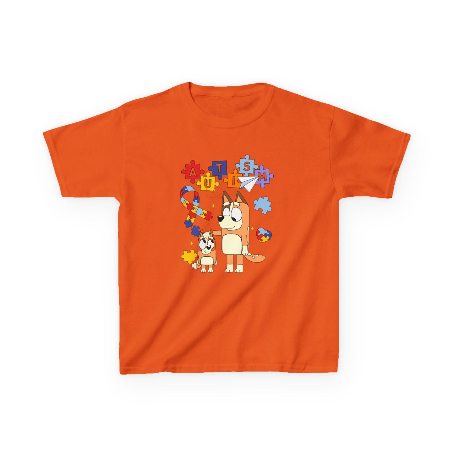 Kids Autism Awareness T-Shirt — Colorful Puzzle Heart & Cartoon Dog Design