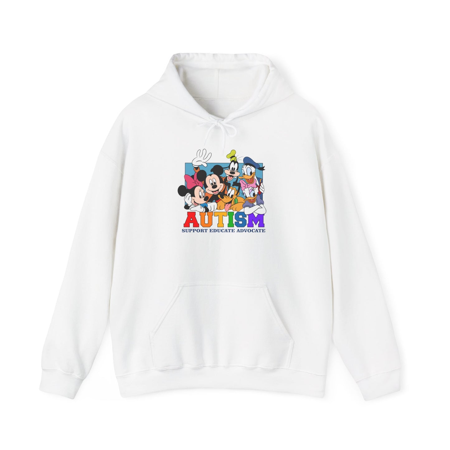 Autism Awareness Hoodie – Colorful Cartoon Characters 'Autism Support, Educate, Advocate'