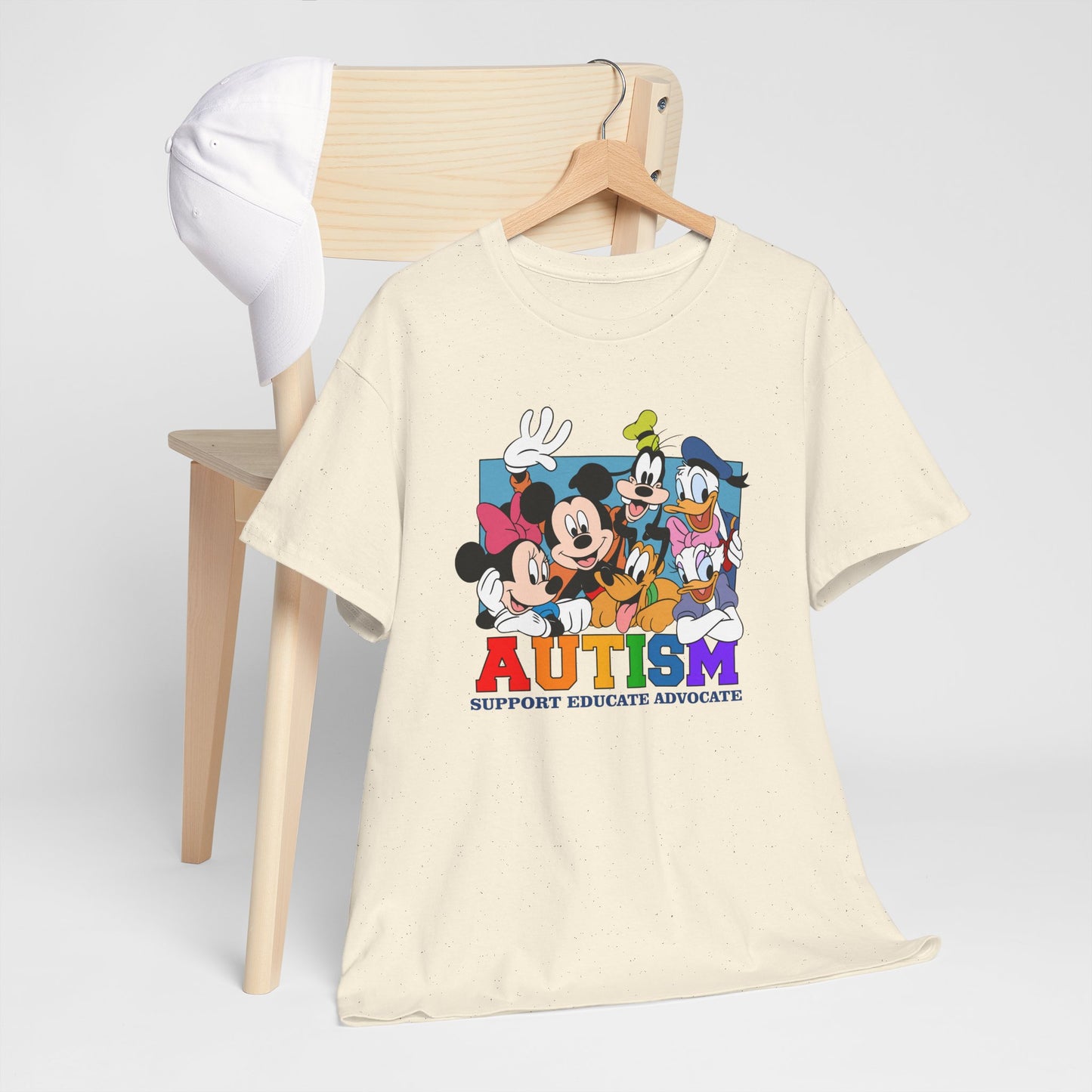 Autism Awareness T-Shirt — "AUTISM: Support Educate Advocate" with Cartoon Characters