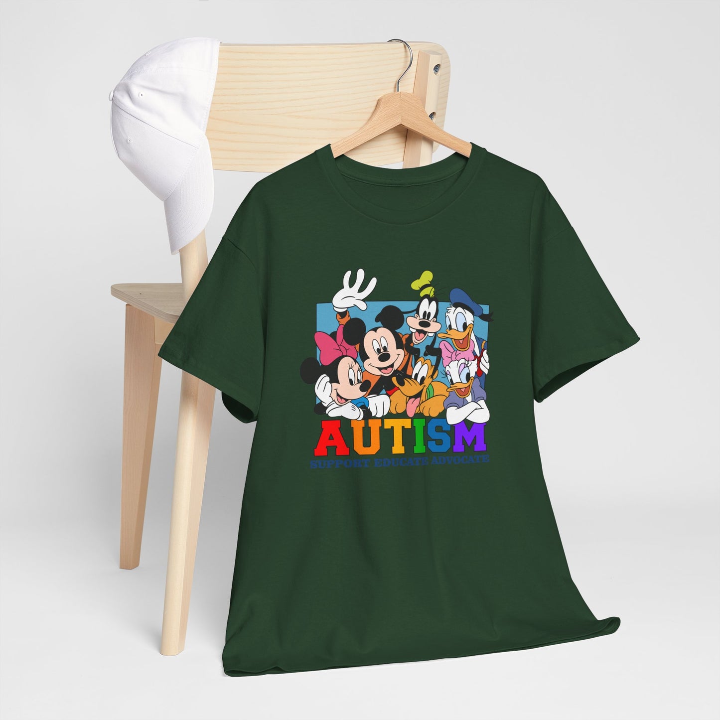 Autism Awareness T-Shirt — "AUTISM: Support Educate Advocate" with Cartoon Characters