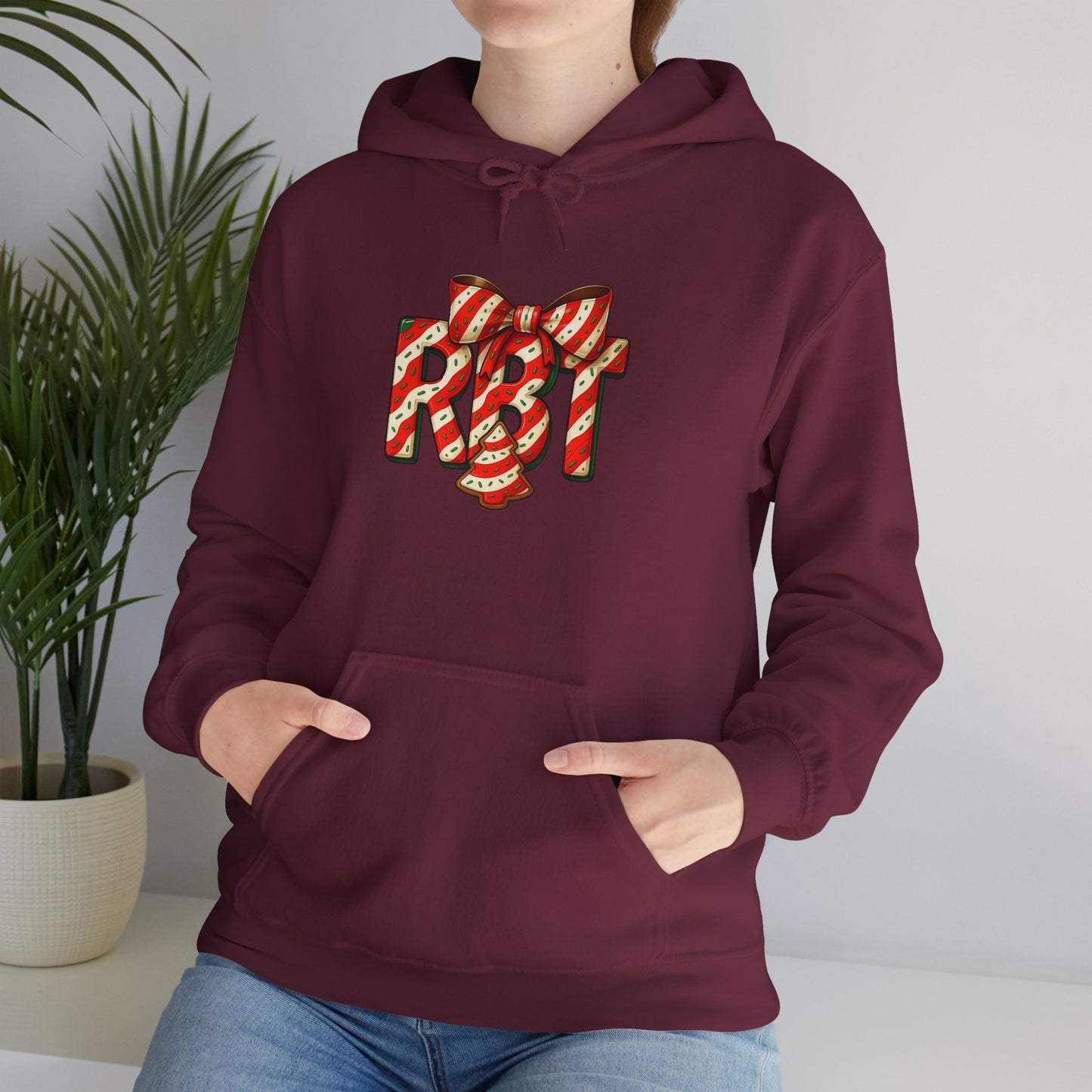 Lil Debbie 'RBT' Tree Cake Holiday Graphic Hoodie — Festive Red Striped Bow Holiday Sweatshirt