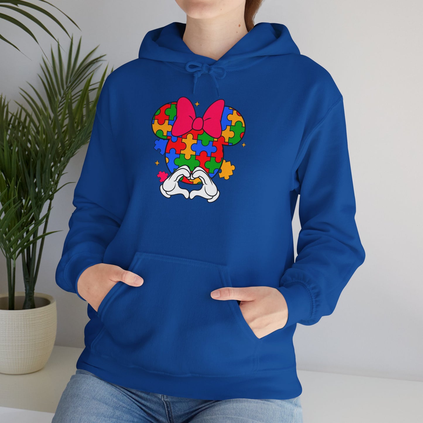 Autism Awareness Puzzle Minnie Hoodie – Colorful Puzzle-Heart Minnie Mouse Design