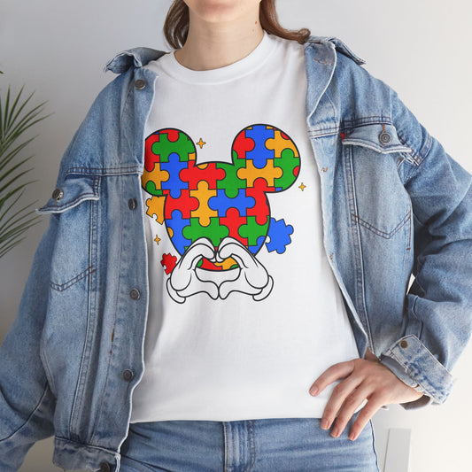 Autism Puzzle Mickey Ears T-Shirt — Colorful Puzzle Piece Heart Tee