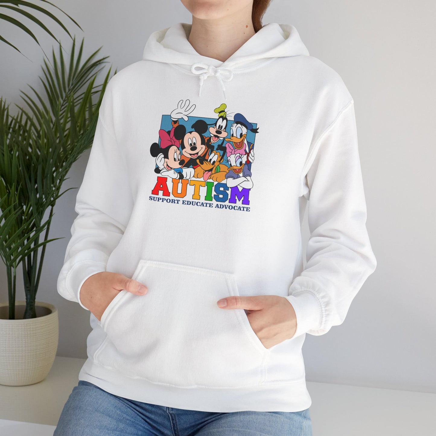 Autism Awareness Hoodie – Colorful Cartoon Characters 'Autism Support, Educate, Advocate'