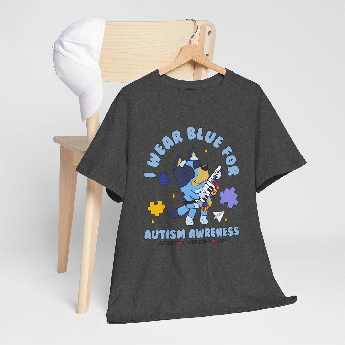 Autism Awareness T-Shirt — "I Wear Blue For" Cute Cat Puzzle Design