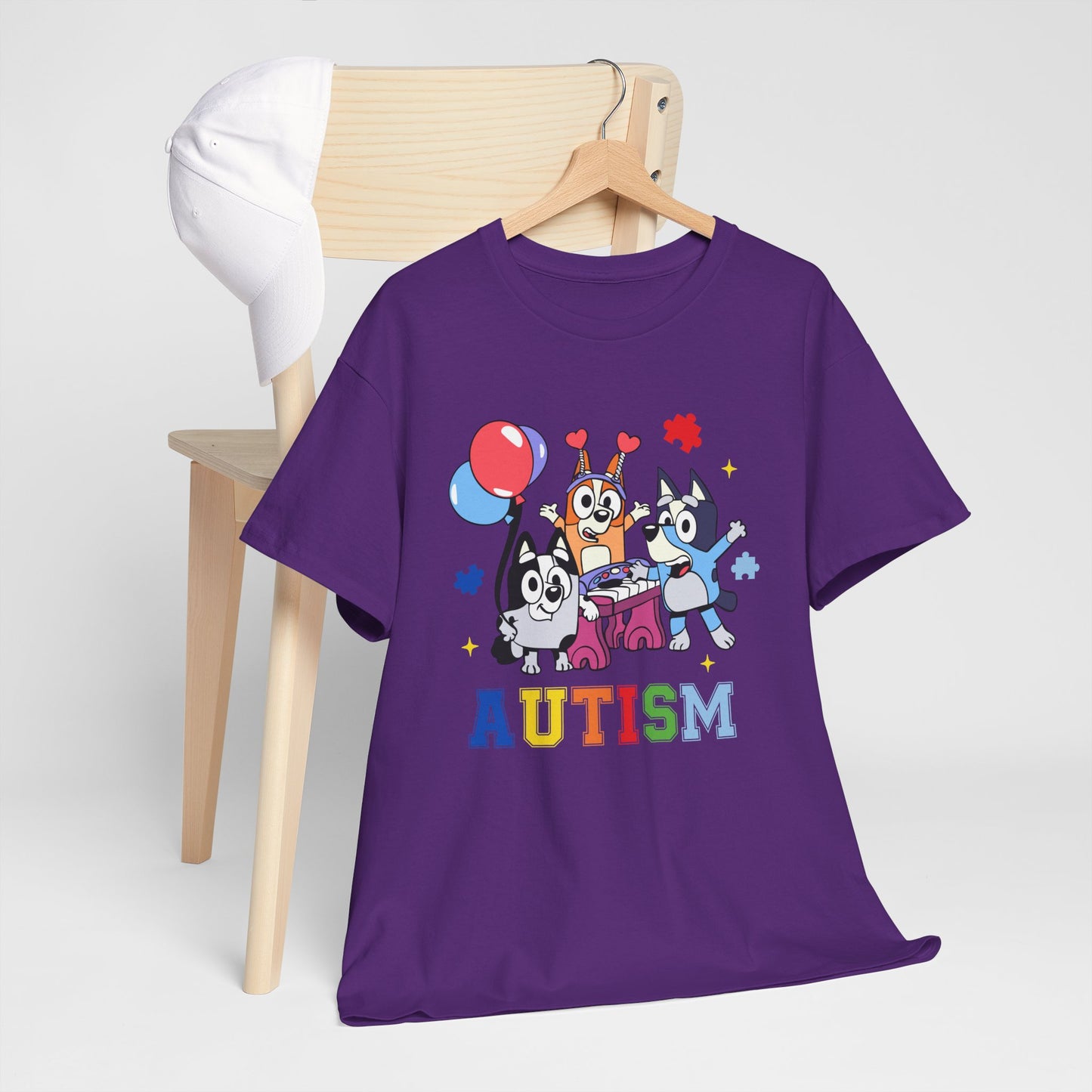Autism Awareness Kids Tee — Colorful Cartoon Characters with 'AUTISM' Text