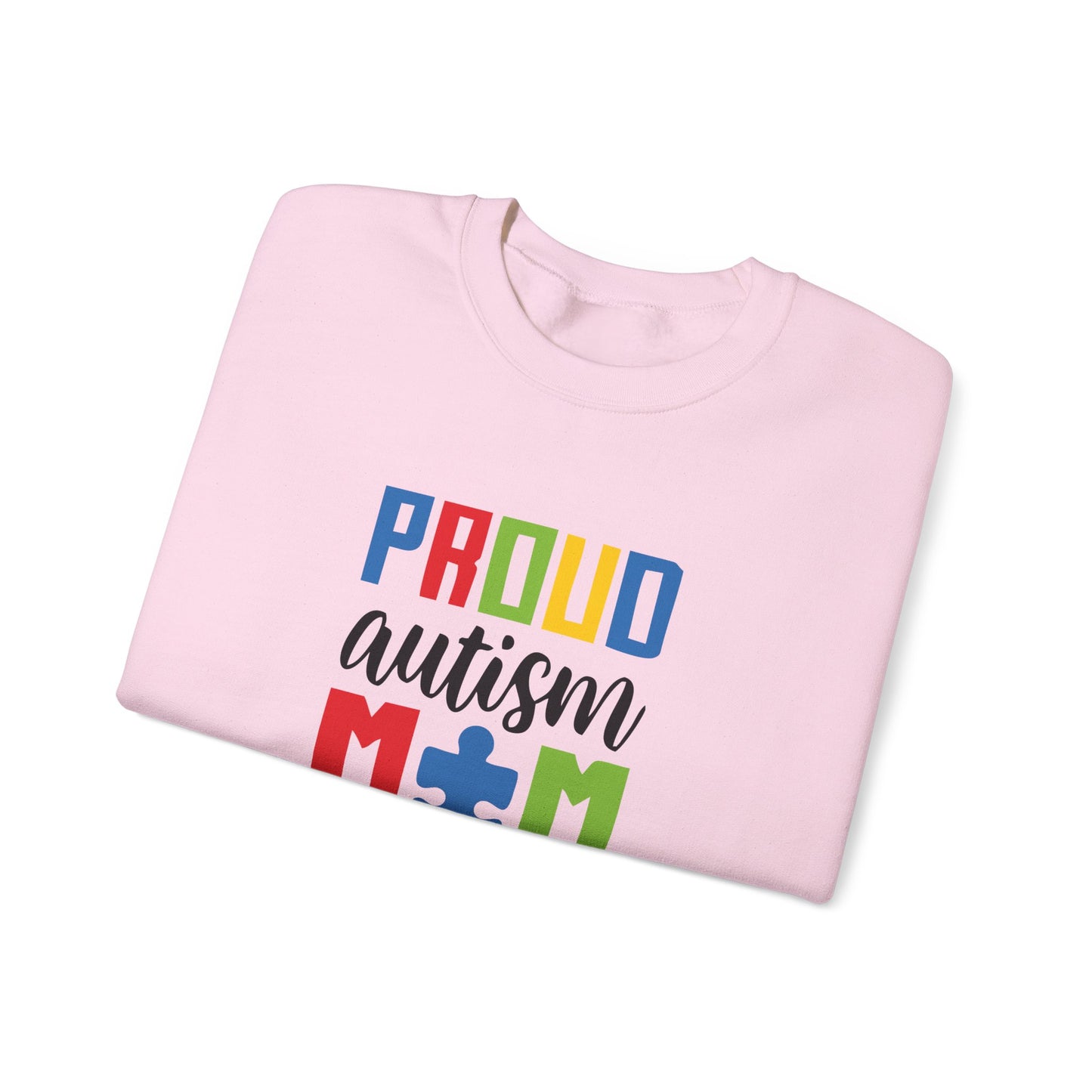 Crewneck Sweatshirt — "Proud Autism Mom" Colorful Puzzle Piece Design