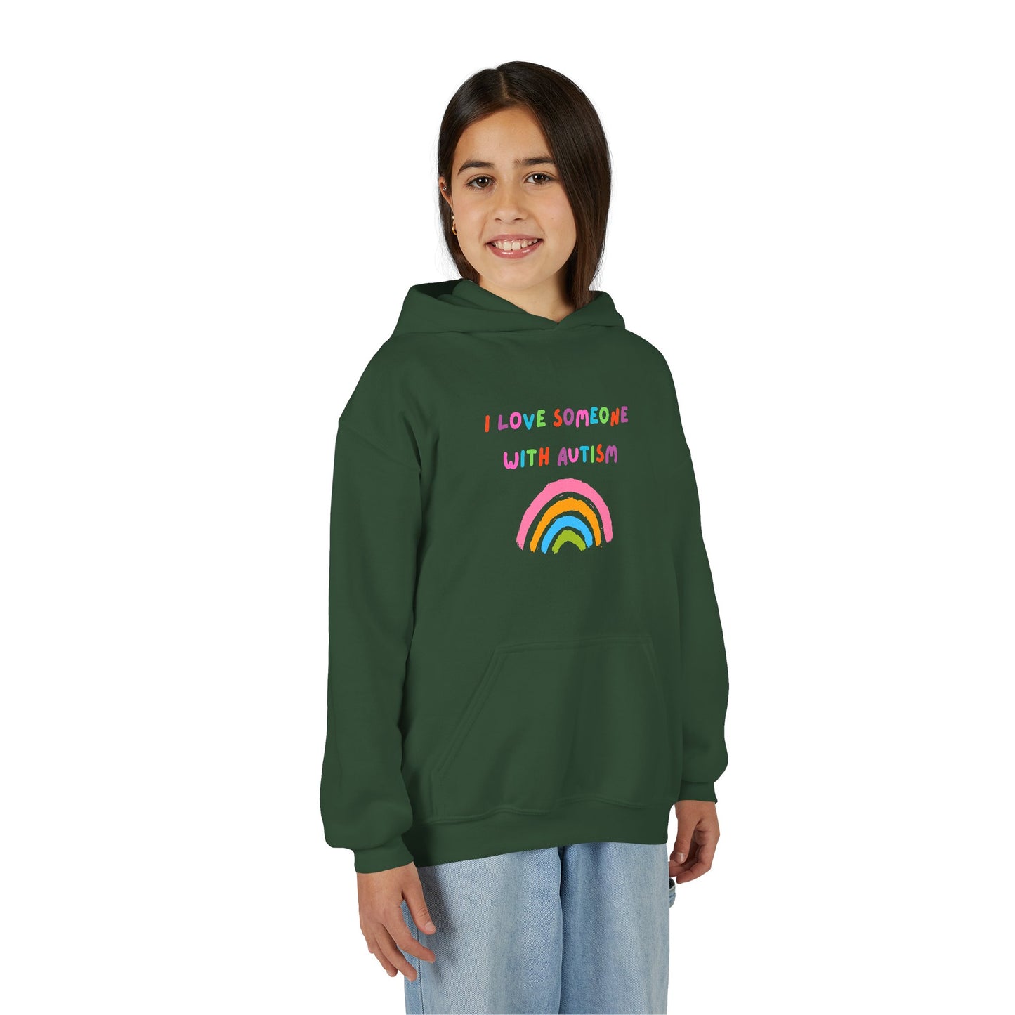 Youth Hoodie — "I Love Someone With Autism" Rainbow Support Sweatshirt