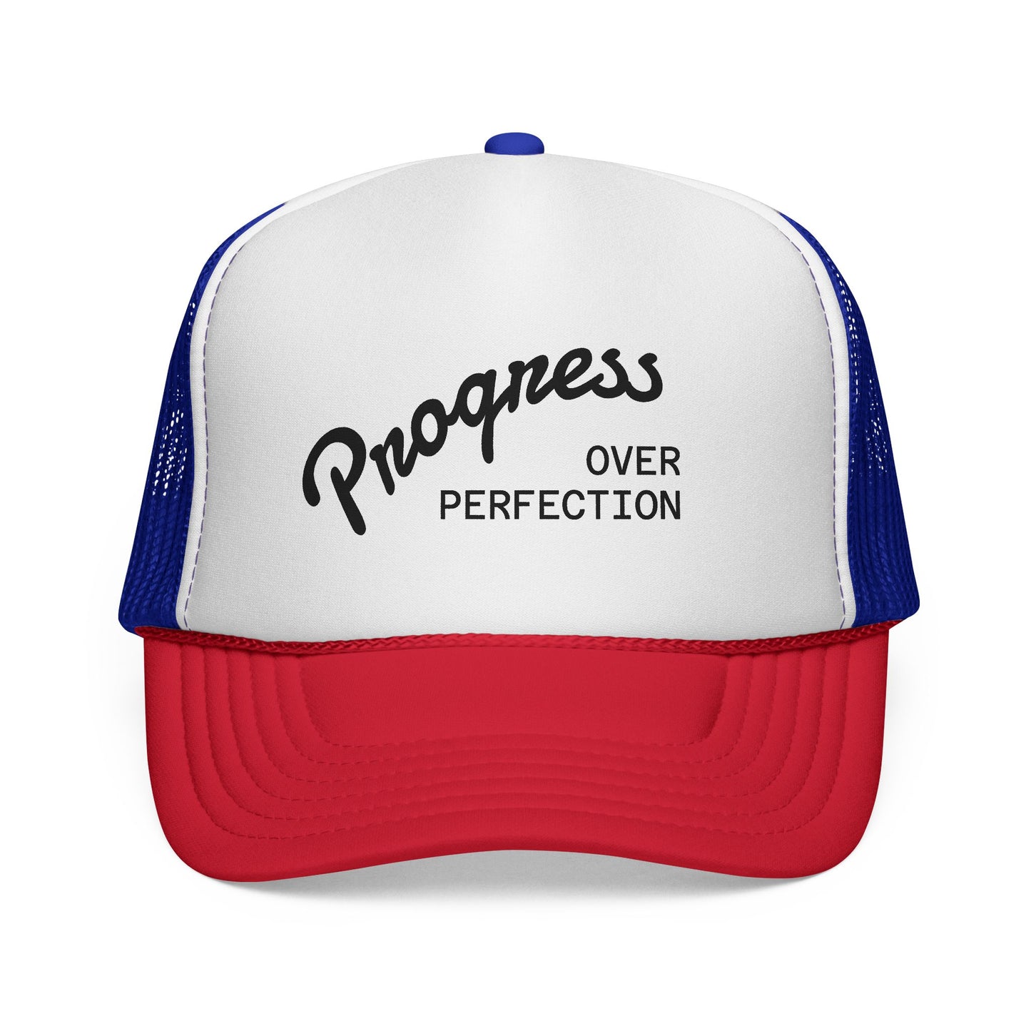 Progress Over Perfection Trucker Cap — Motivational Mesh Baseball Hat
