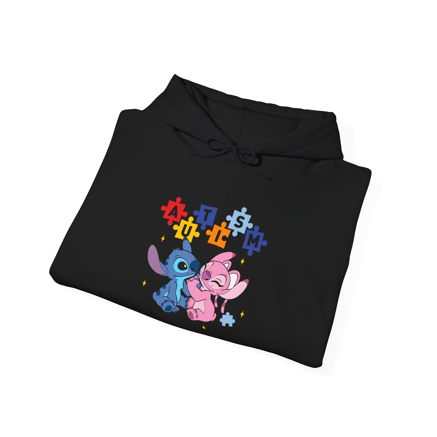 Cute Alien Pals Hoodie — Pink & Blue Cartoon Stitch-Style Characters with Puzzle Heart