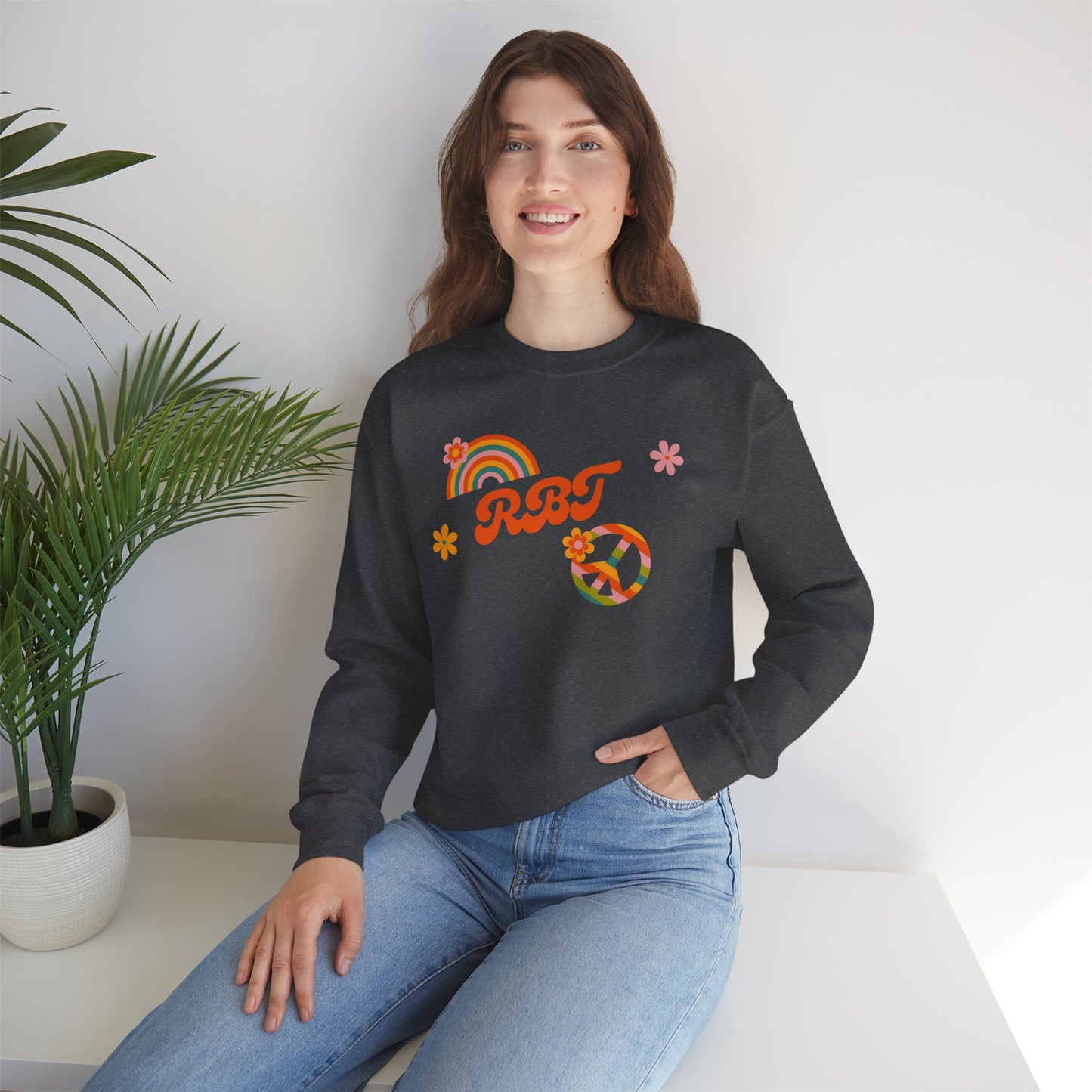 Retro Peace Rainbow Crewneck Sweatshirt — RBT Floral Groovy Design