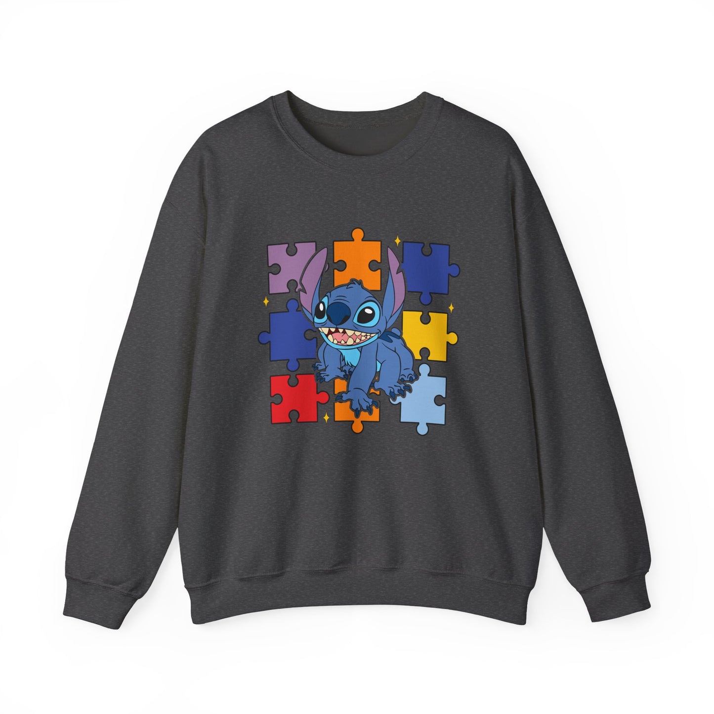 Stitch Puzzle Crewneck Sweatshirt — Cute Blue Alien on Colorful Jigsaw Design
