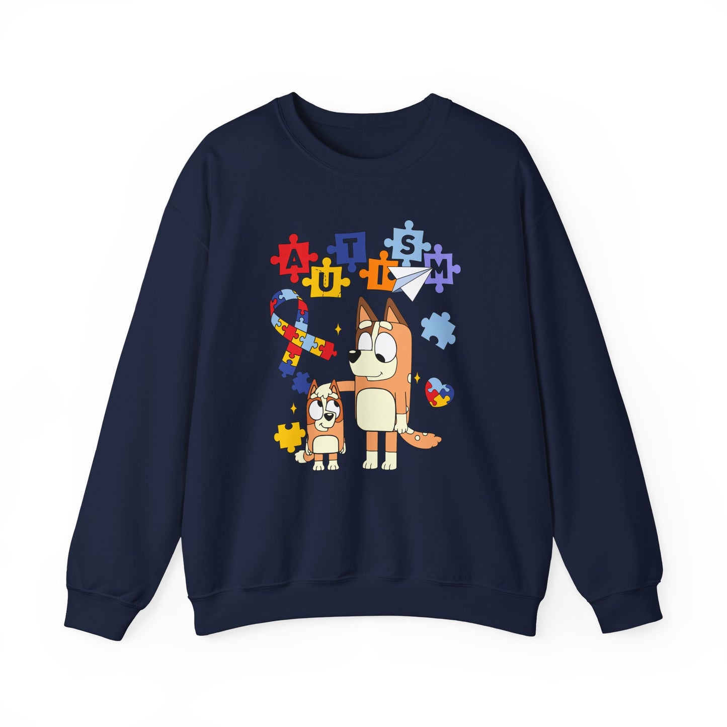 Autism Awareness Crewneck Sweatshirt — Puzzle Ribbon & Cartoon Dogs