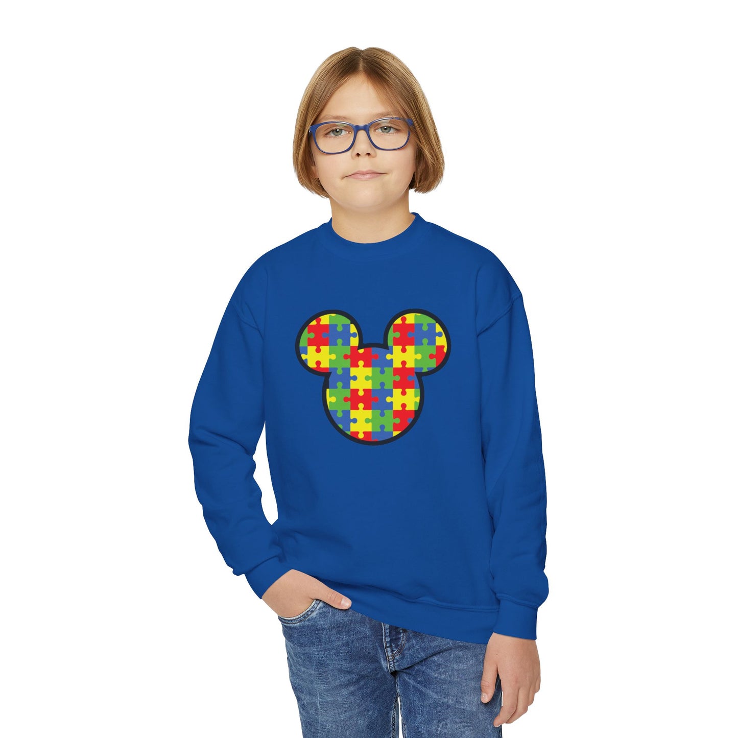 Puzzle Mickey Youth Crewneck Sweatshirt - Colorful Autism Awareness Design