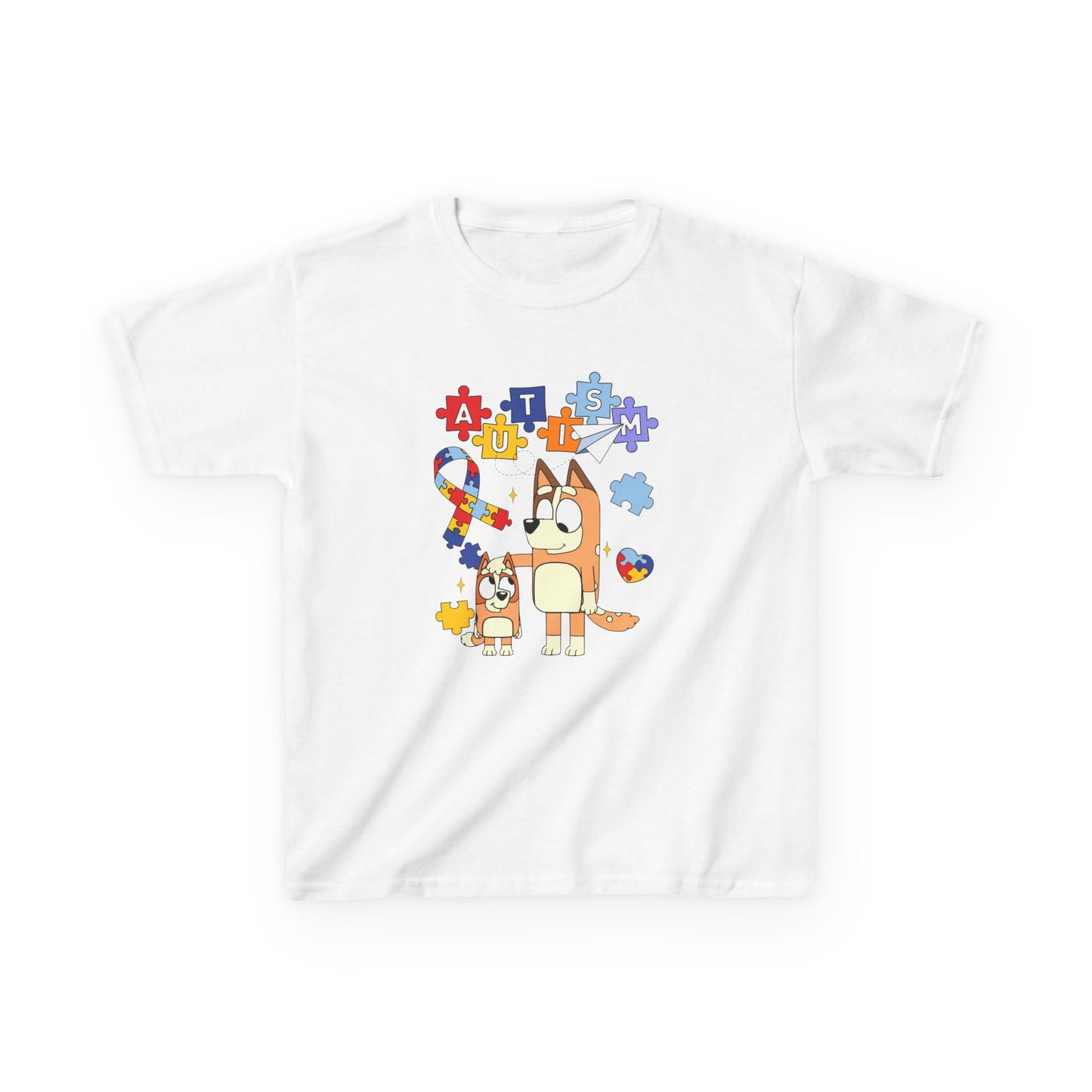 Kids Autism Awareness T-Shirt — Colorful Puzzle Heart & Cartoon Dog Design
