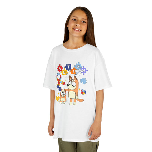 Kids Autism Awareness T-Shirt — Colorful Puzzle Heart & Cartoon Dog Design