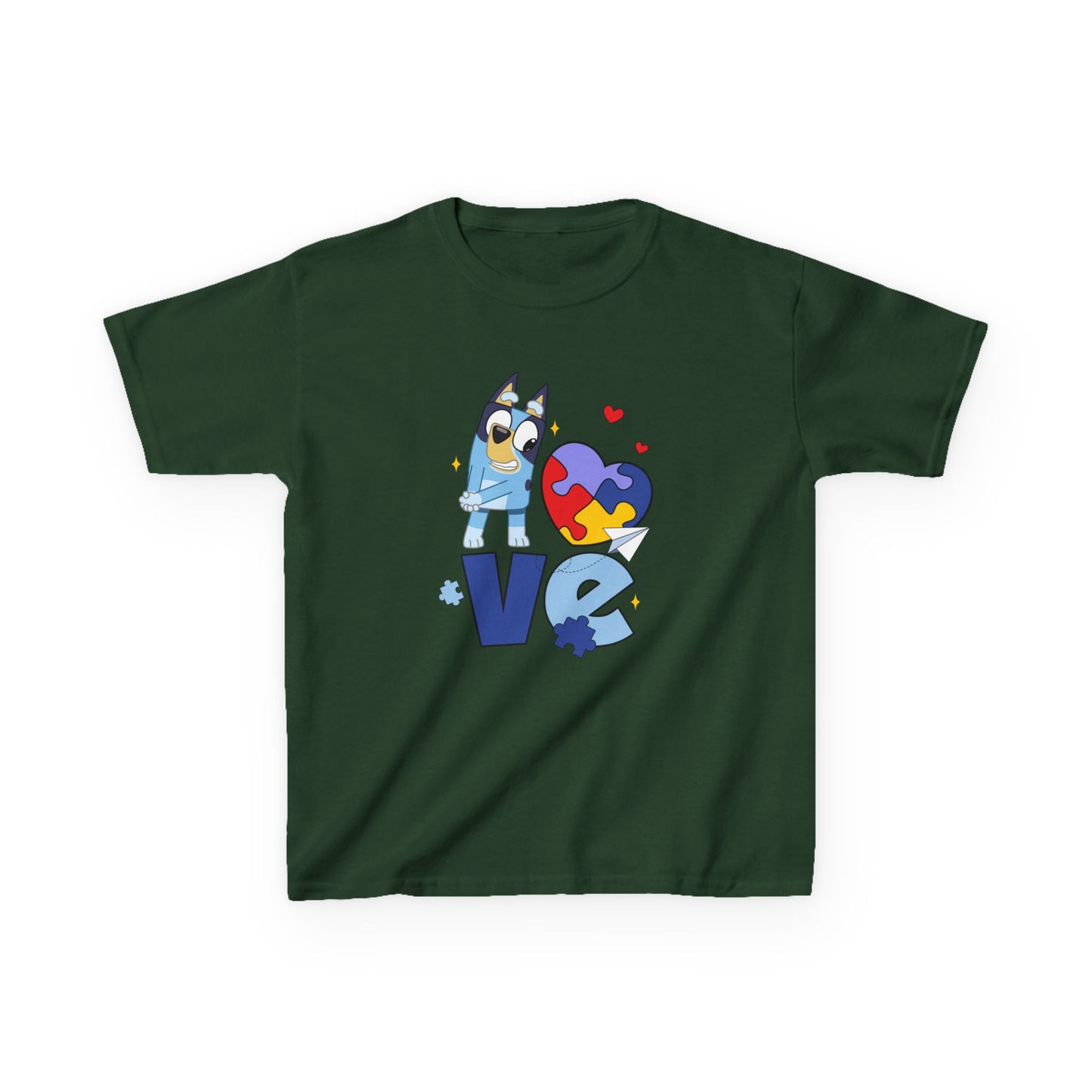 Kids Tee — 'LOVE' Puzzle Heart & Cartoon Character Autism Awareness Shirt