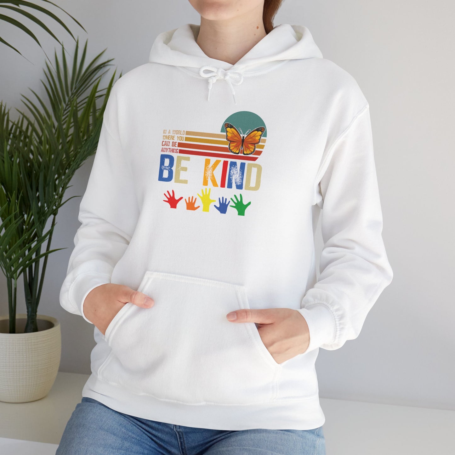 Be Kind Rainbow Hoodie — Retro Sunset Hands Kindness Sweatshirt
