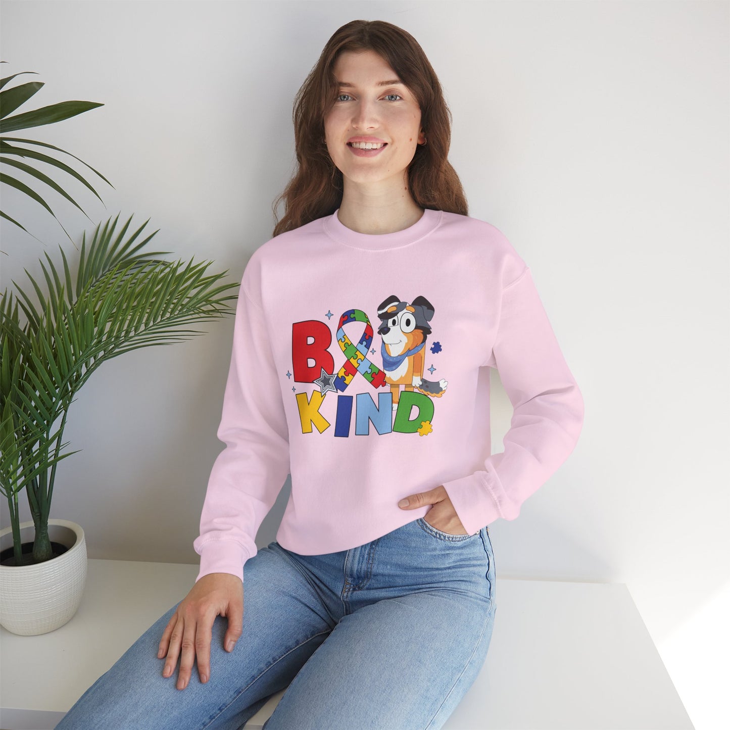 Be Kind Crewneck Sweatshirt — Autism Awareness Puzzle Ribbon Dog Design