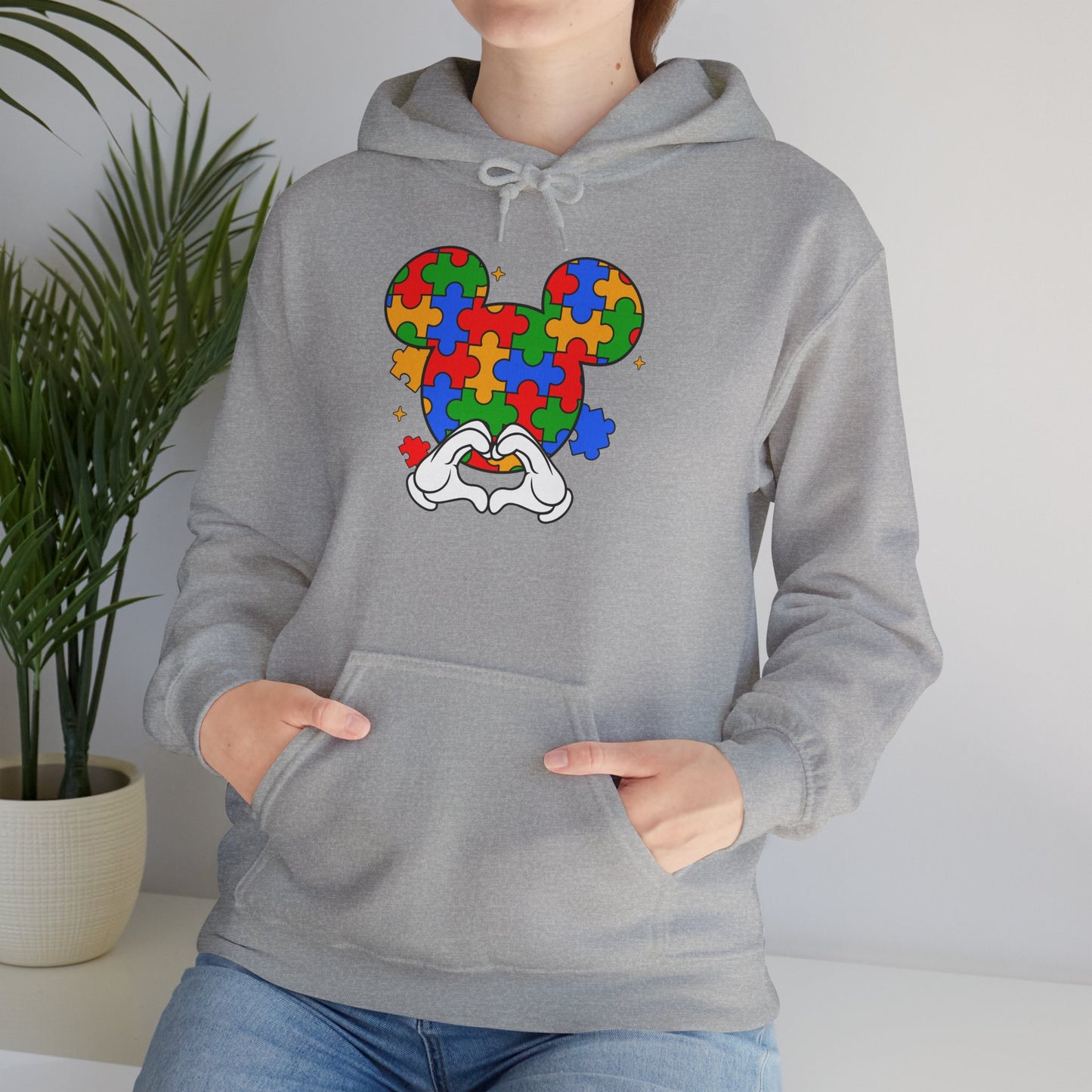 Autism Puzzle Mouse Hoodie — Colorful Puzzle Piece Mickey Silhouette Sweatshirt