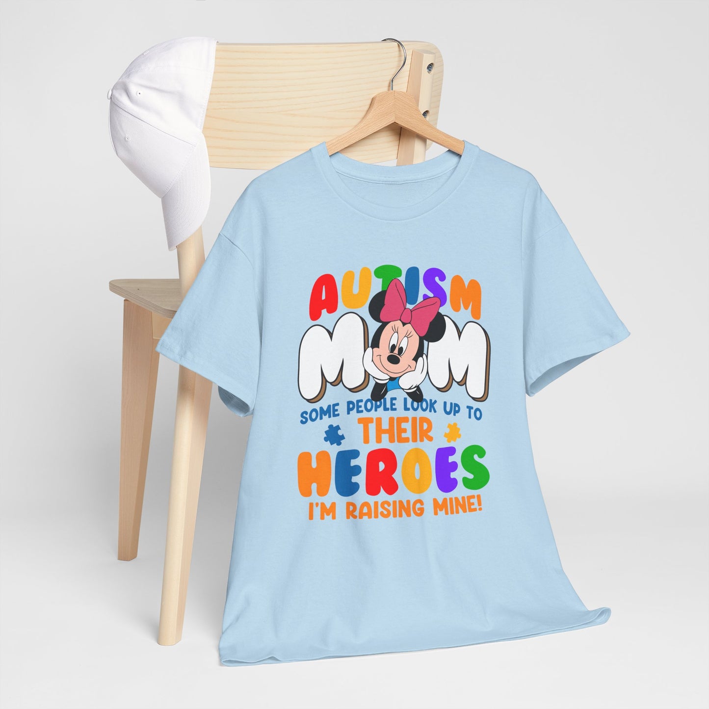 Autism Mom T-Shirt — "Some People Look Up To Their Heroes, I'm Raising Mine" — Colorful Awareness Tee