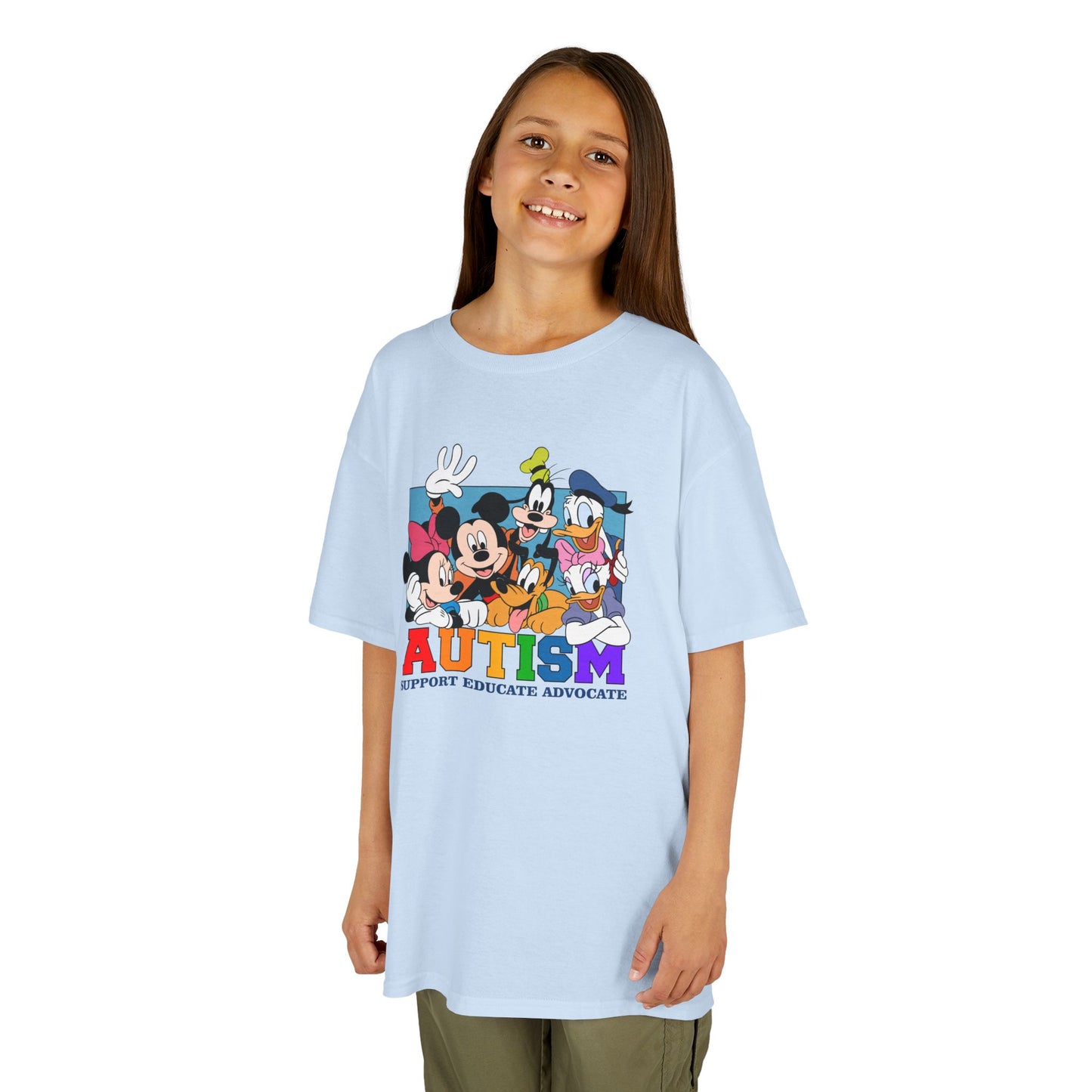 Kids Autism Awareness T-Shirt — Support, Educate, Advocate (Rainbow Letters)