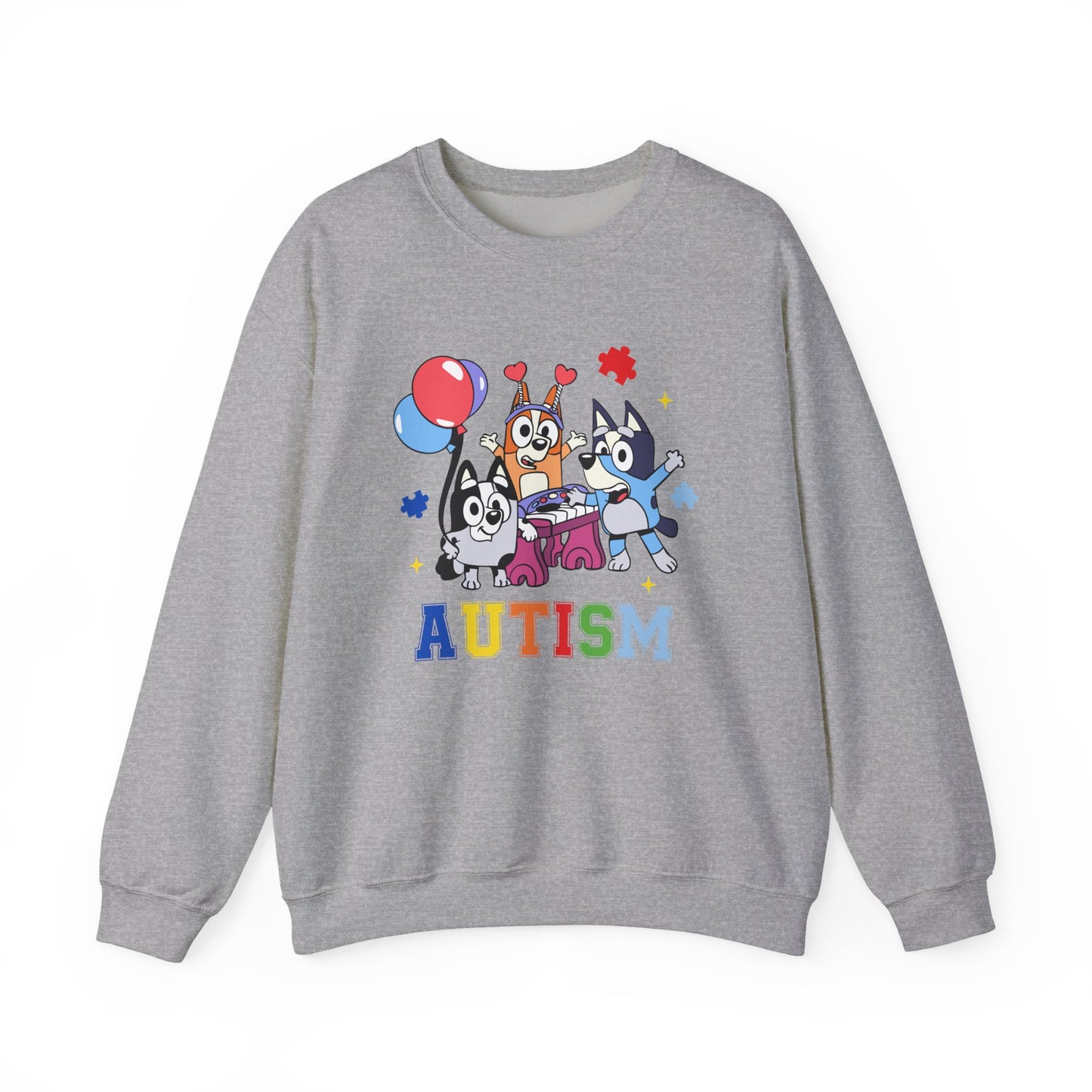 Autism Support Crewneck Sweatshirt — Colorful Bluey-Style Characters & 'AUTISM' Design
