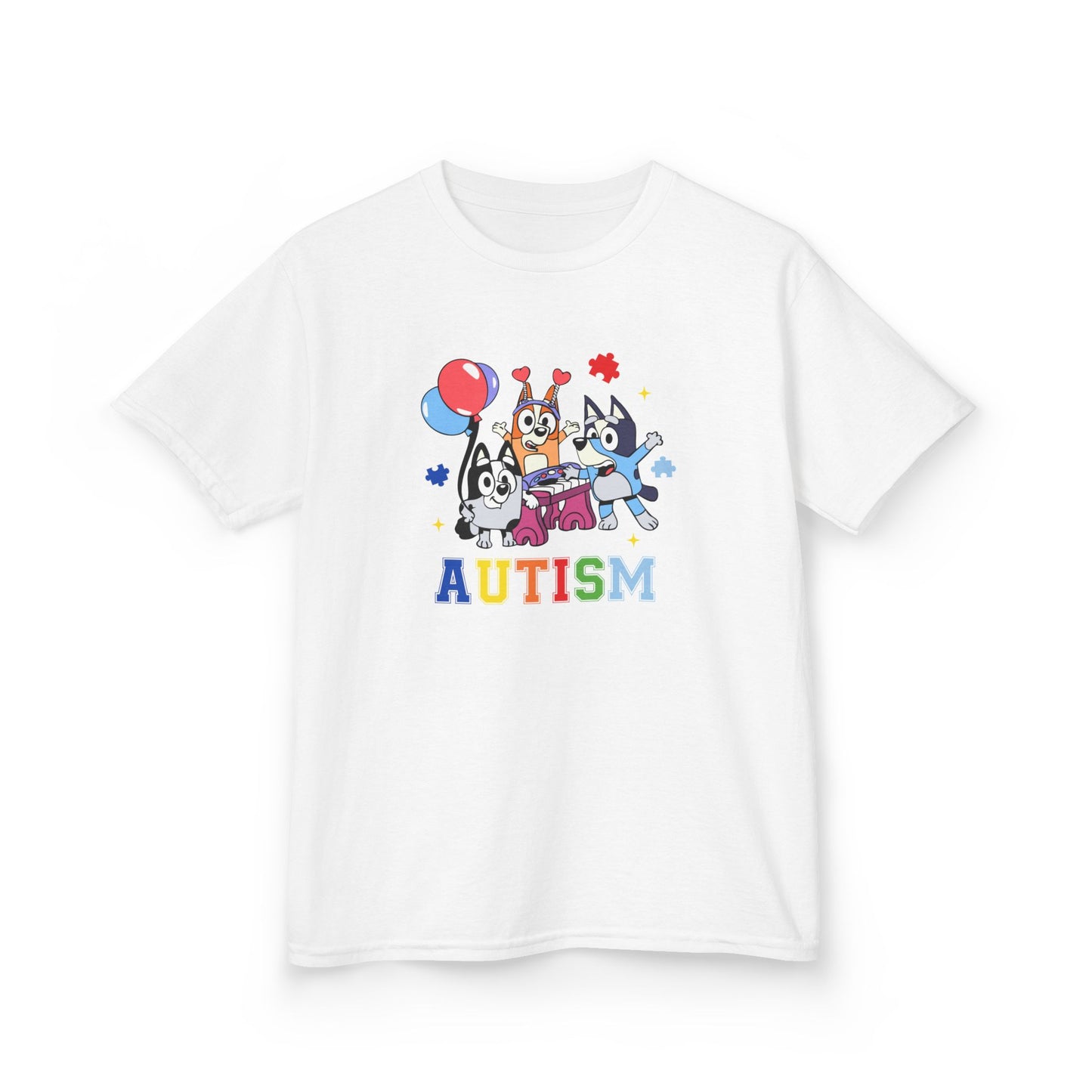 Kids Tee — Colorful 'AUTISM' Paw & Balloon Celebration Design