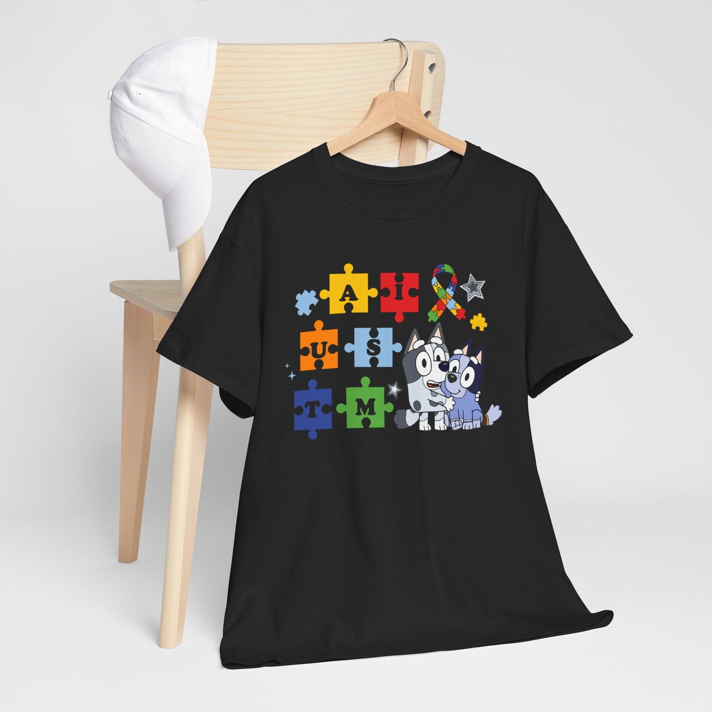 Autism Awareness Puzzle Pieces T-Shirt with Cute Husky & Ribbon