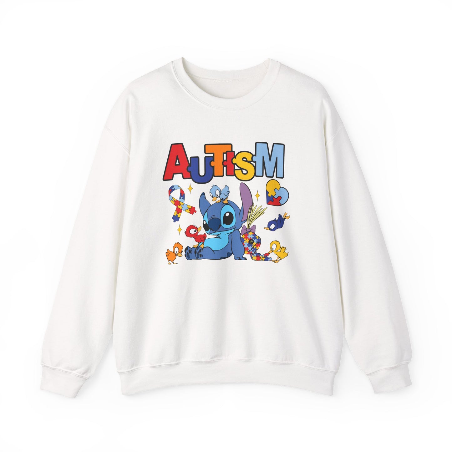 Autism Awareness Crewneck Sweatshirt — Colorful Puzzle Ribbon Stitch-Inspired Design