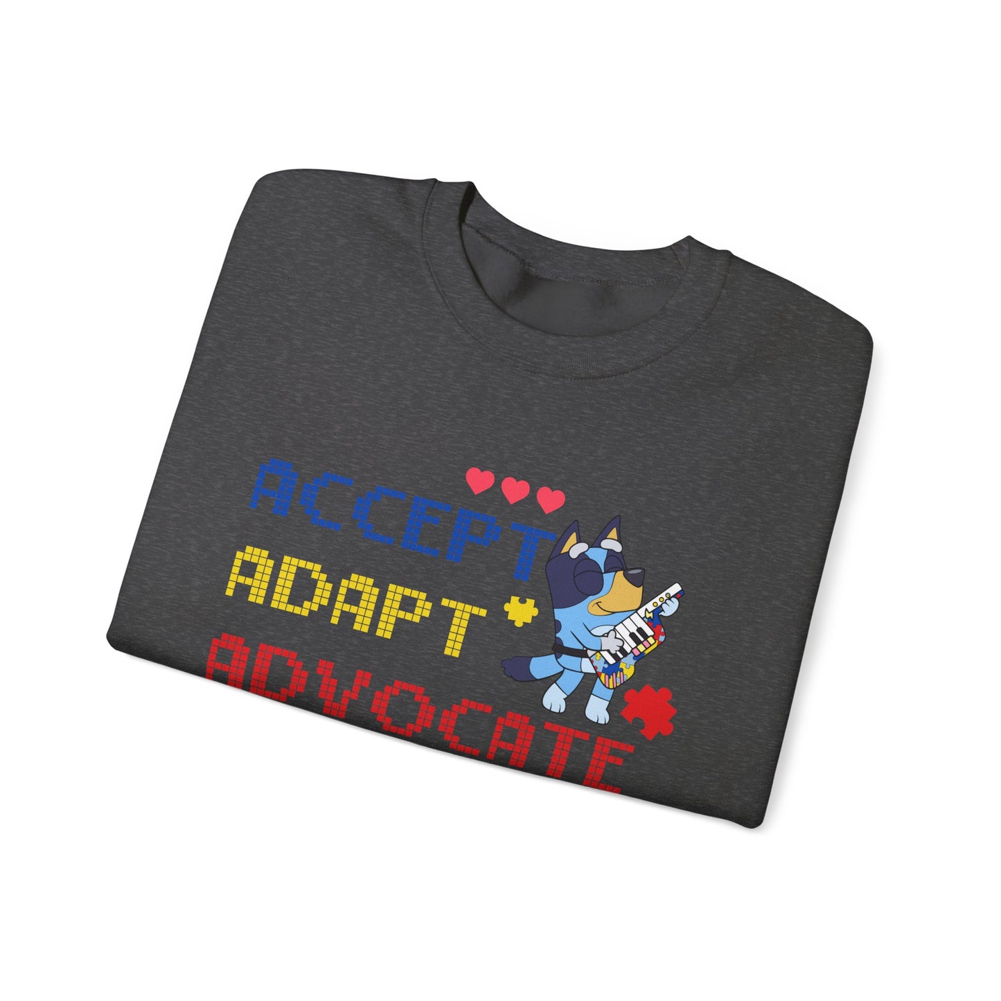 Accept Adapt Advocate Crewneck Sweatshirt — Autism Awareness Sweatshirt with Cute Character