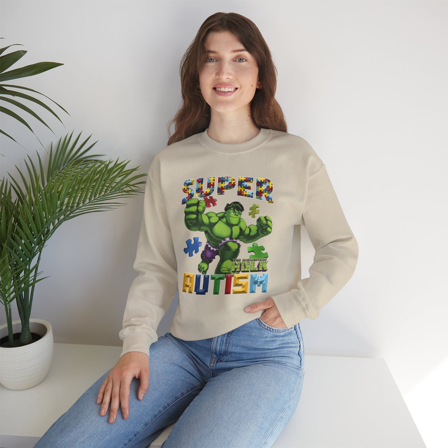 Autism Superhero Sweatshirt — "Super Autism" Puzzle-Print Crewneck