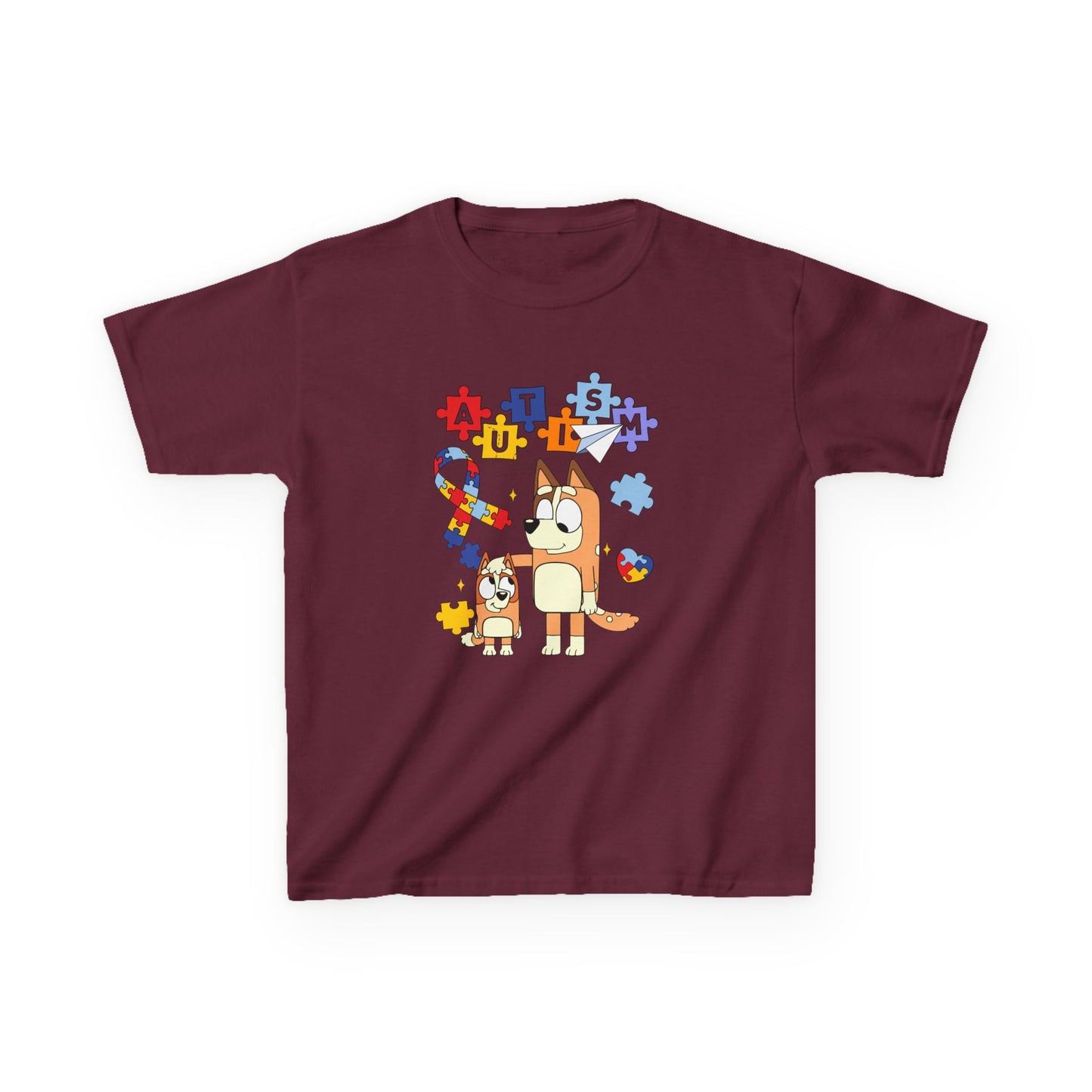 Kids Autism Awareness T-Shirt — Colorful Puzzle Heart & Cartoon Dog Design