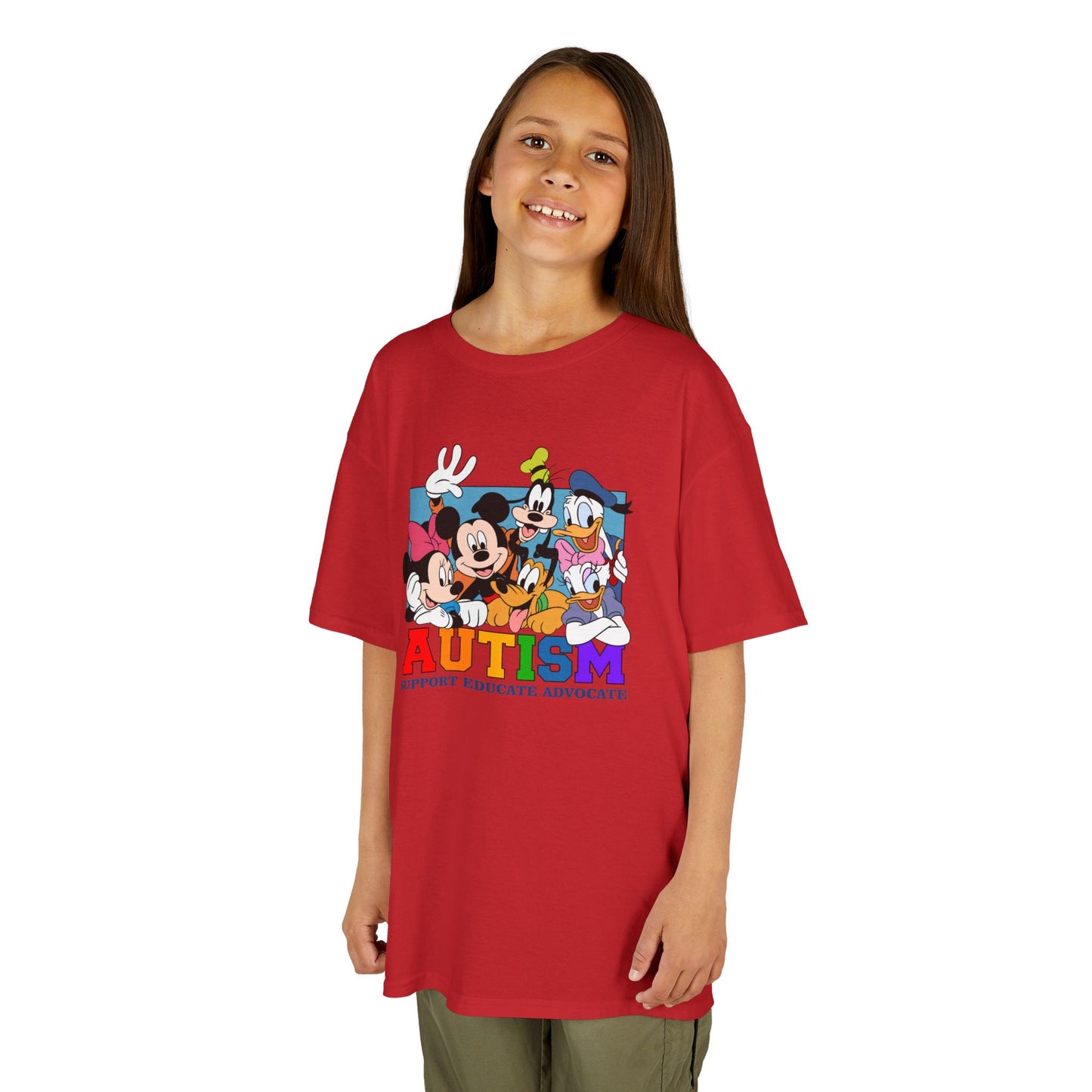Kids Autism Awareness T-Shirt — Support, Educate, Advocate (Rainbow Letters)
