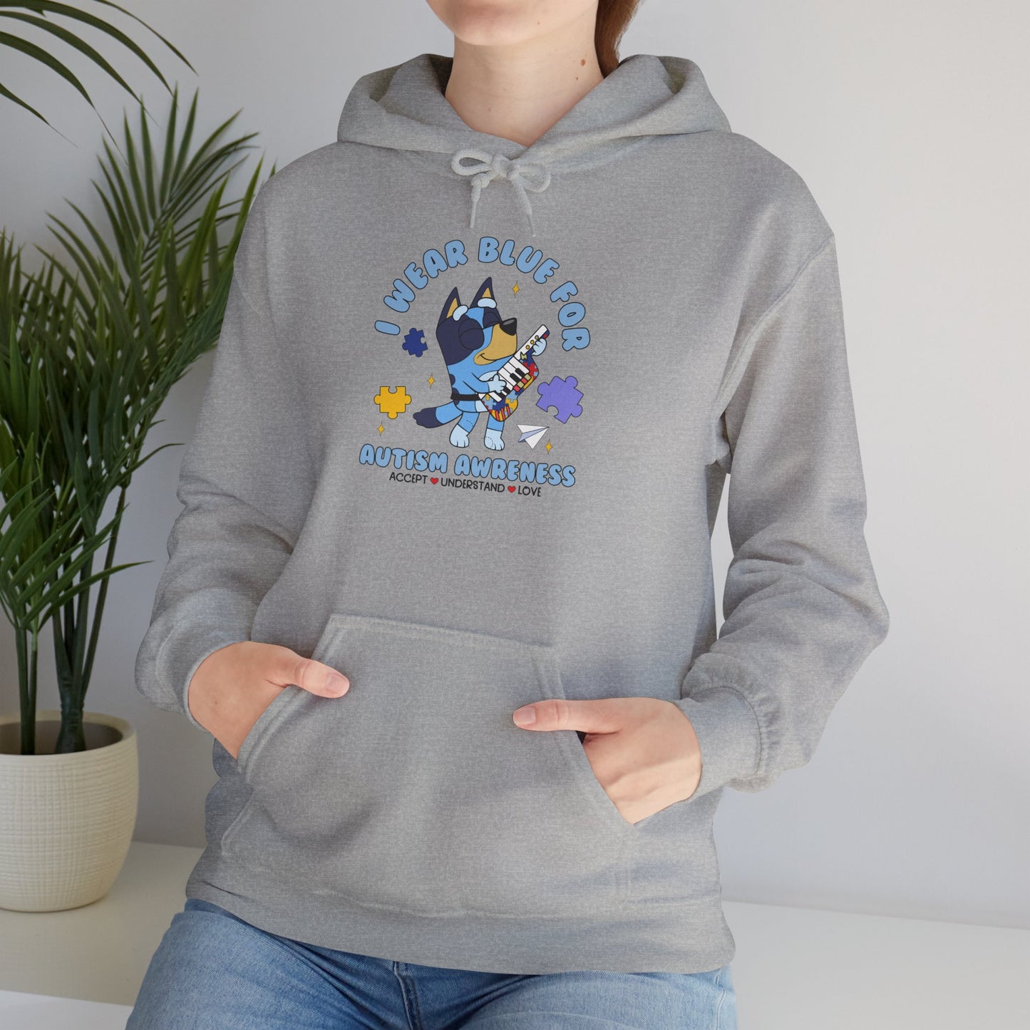Hoodie — Cute Blue Dog “I Wear Blue for Autism” Graphic Hoodie (Cozy Pet Lover Gift)