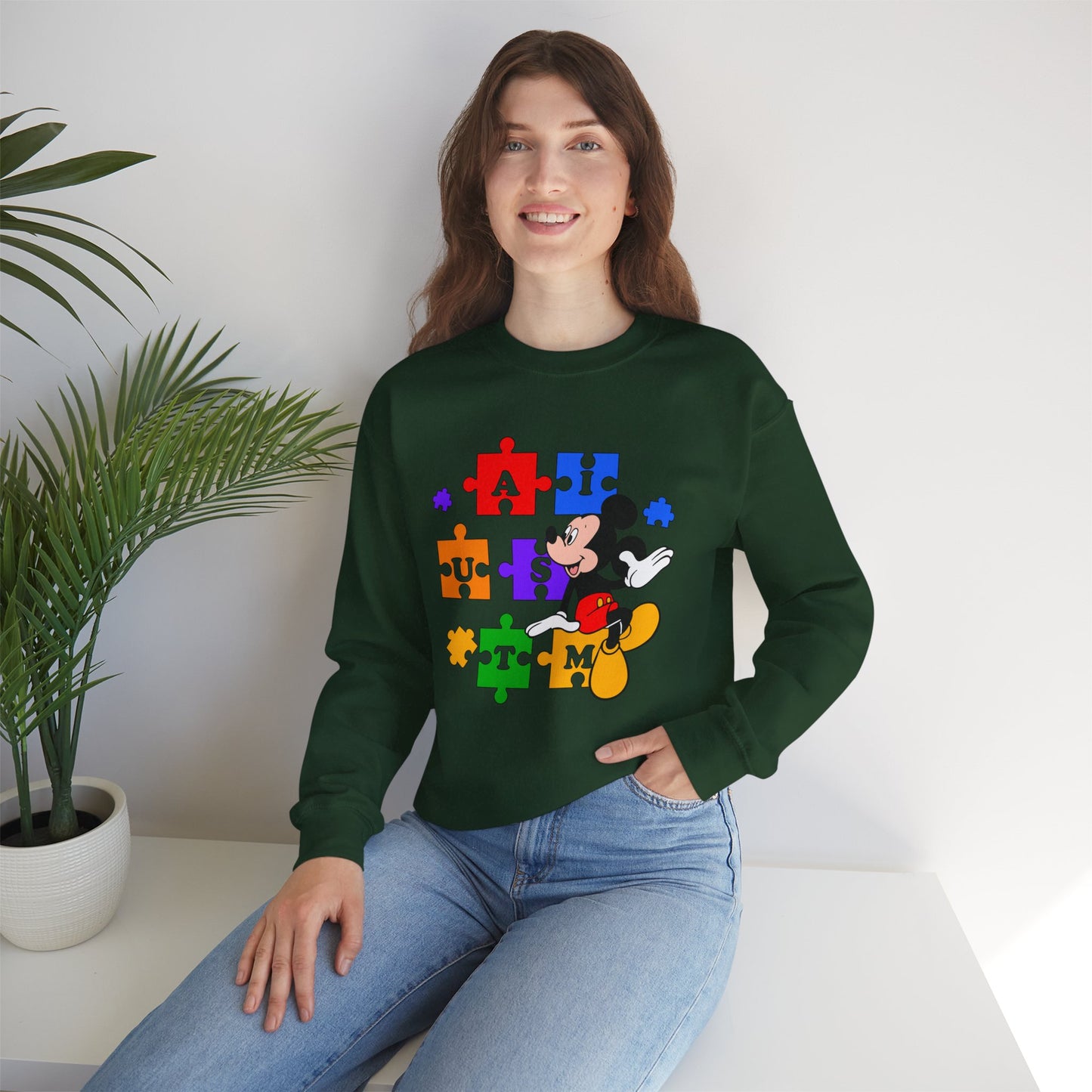 Autism Awareness Crewneck Sweatshirt — Mickey Puzzle Piece Design