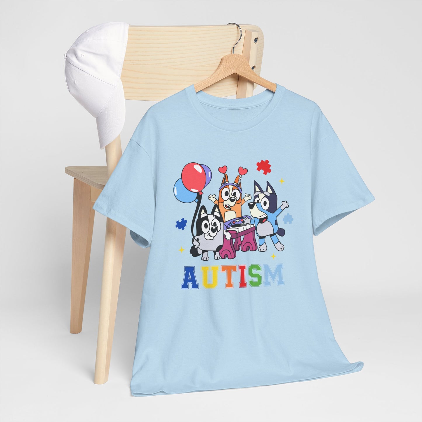 Autism Awareness Kids Tee — Colorful Cartoon Characters with 'AUTISM' Text