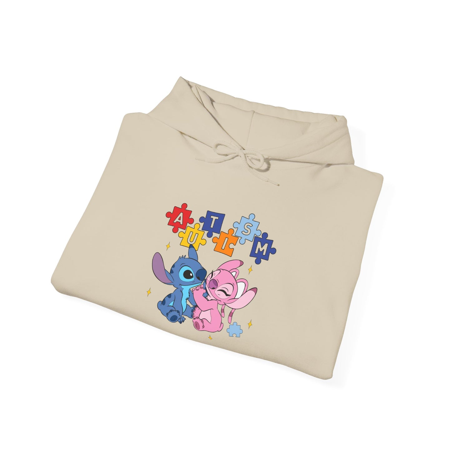 Cute Alien Pals Hoodie — Pink & Blue Cartoon Stitch-Style Characters with Puzzle Heart