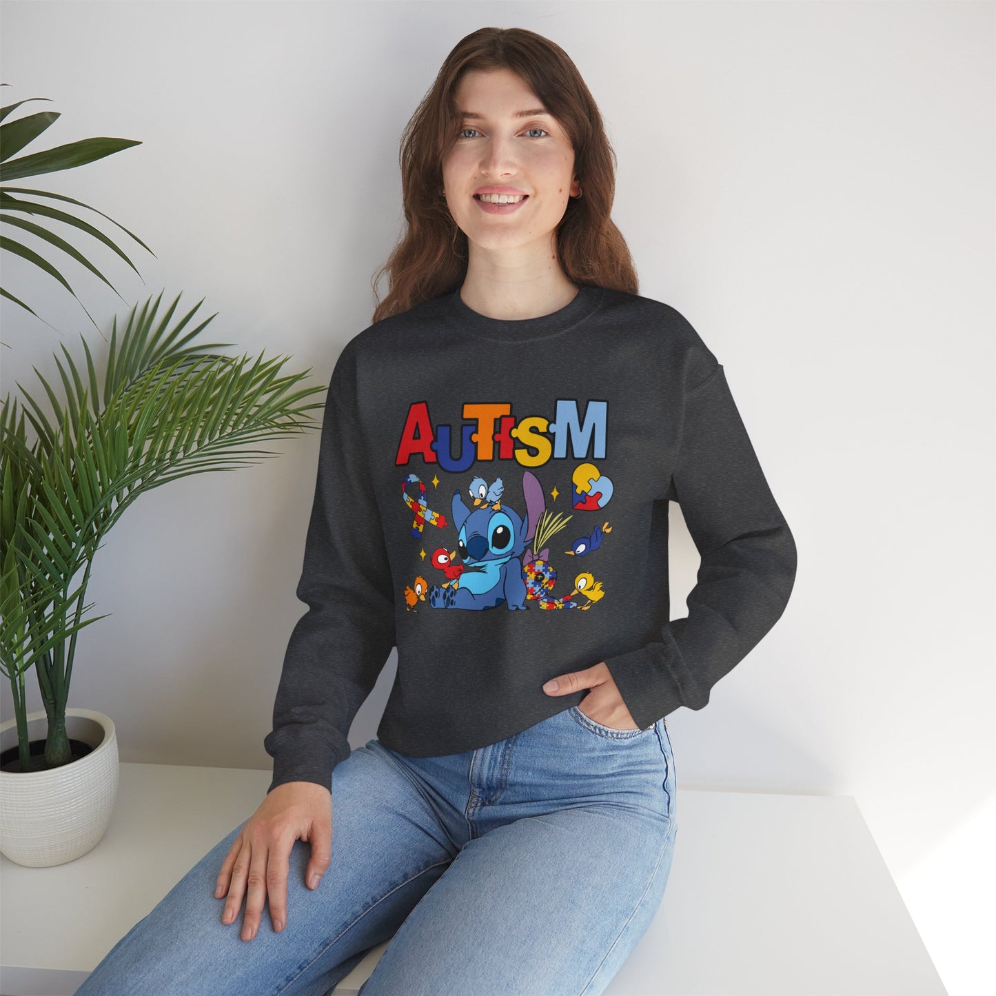 Autism Awareness Crewneck Sweatshirt — Colorful Puzzle Ribbon Stitch-Inspired Design