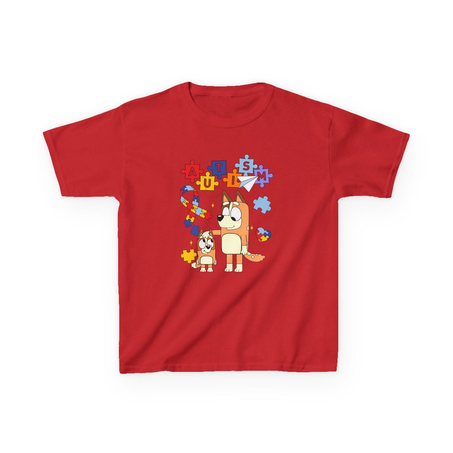 Kids Autism Awareness T-Shirt — Colorful Puzzle Heart & Cartoon Dog Design