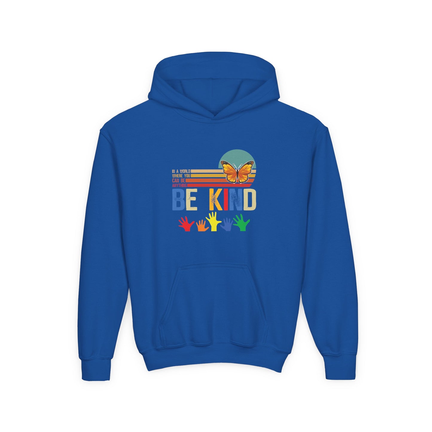 Be Kind Youth Hoodie - Colorful Butterfly & Handprint Design